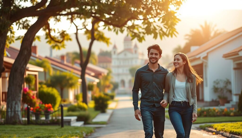 A serene neighborhood in Maringá that embodies "quality of life." In the foreground, a young professional couple in modest casual clothing strolls hand-in-hand along a tree-lined street, smiling. The middle ground features well-maintained houses with gardens, surrounded by vibrant flowers and greenery, symbolizing a welcoming community. In the background, a distant view of Maringá's iconic architecture, including the Cathedral, is softened by warm, golden hour lighting, creating an inviting atmosphere. The sun casts gentle shadows, enhancing the tranquility of the scene. This image should evoke feelings of comfort, happiness, and a strong sense of community, highlighting the ideal factors to consider when choosing where to live. A serene neighborhood in Maringá that embodies "quality of life." In the foreground, a young professional couple in modest casual clothing strolls hand-in-hand along a tree-lined street, smiling. The middle ground features well-maintained houses with gardens, surrounded by vibrant flowers and greenery, symbolizing a welcoming community. In the background, a distant view of Maringá's iconic architecture, including the Cathedral, is softened by warm, golden hour lighting, creating an inviting atmosphere. The sun casts gentle shadows, enhancing the tranquility of the scene. This image should evoke feelings of comfort, happiness, and a strong sense of community, highlighting the ideal factors to consider when choosing where to live.