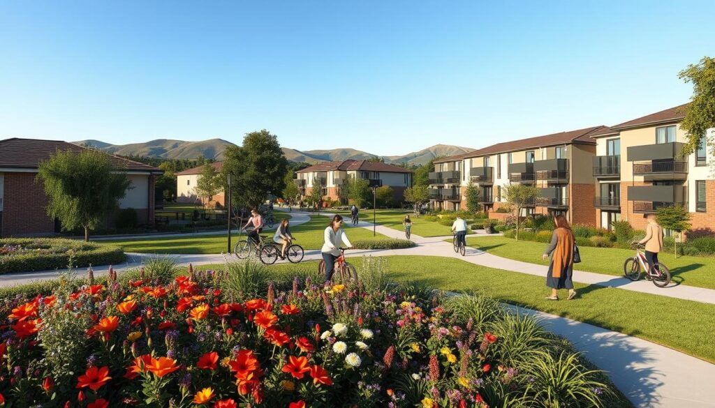 A serene neighborhood scene showcasing the advantages of horizontal condominiums outside the city center. In the foreground, a beautiful, well-maintained garden with colorful flowers and lush greenery. The middle ground features modern horizontal condominiums with tasteful architecture, surrounded by tree-lined streets and walking paths. Families can be seen enjoying leisurely activities, such as biking and walking, dressed in casual, modest clothing. In the background, gentle hills and a clear blue sky add depth to the scene. The lighting is soft and warm, suggesting a peaceful afternoon. A wide-angle perspective captures the inviting atmosphere and community spirit of these condominiums, emphasizing a harmonious blend with nature. A serene neighborhood scene showcasing the advantages of horizontal condominiums outside the city center. In the foreground, a beautiful, well-maintained garden with colorful flowers and lush greenery. The middle ground features modern horizontal condominiums with tasteful architecture, surrounded by tree-lined streets and walking paths. Families can be seen enjoying leisurely activities, such as biking and walking, dressed in casual, modest clothing. In the background, gentle hills and a clear blue sky add depth to the scene. The lighting is soft and warm, suggesting a peaceful afternoon. A wide-angle perspective captures the inviting atmosphere and community spirit of these condominiums, emphasizing a harmonious blend with nature.