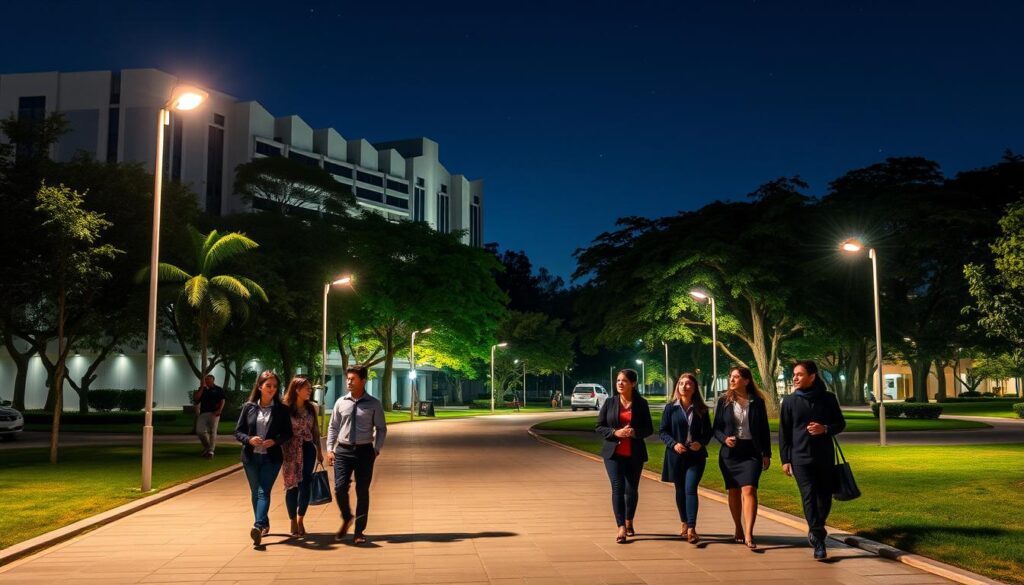 A serene night scene showcasing the UEM campus in Maringá, illuminated by soft streetlights casting a warm glow on the pathways. In the foreground, a small group of students dressed in professional business attire and modest casual clothing are walking together, engaged in conversation, symbolizing a sense of community and safety. In the middle ground, the modern university buildings stand tall, their architecture reflecting the blend of academia and safety, with visible security features such as cameras and patrols. The background features lush trees and a clear night sky, sprinkled with stars, suggesting tranquility and a peaceful environment. The overall mood is one of calmness and security, emphasizing the importance of safety at night on campus. The angle captures a slight upward perspective to add grandeur to the architecture while promoting an inviting atmosphere. A serene night scene showcasing the UEM campus in Maringá, illuminated by soft streetlights casting a warm glow on the pathways. In the foreground, a small group of students dressed in professional business attire and modest casual clothing are walking together, engaged in conversation, symbolizing a sense of community and safety. In the middle ground, the modern university buildings stand tall, their architecture reflecting the blend of academia and safety, with visible security features such as cameras and patrols. The background features lush trees and a clear night sky, sprinkled with stars, suggesting tranquility and a peaceful environment. The overall mood is one of calmness and security, emphasizing the importance of safety at night on campus. The angle captures a slight upward perspective to add grandeur to the architecture while promoting an inviting atmosphere.