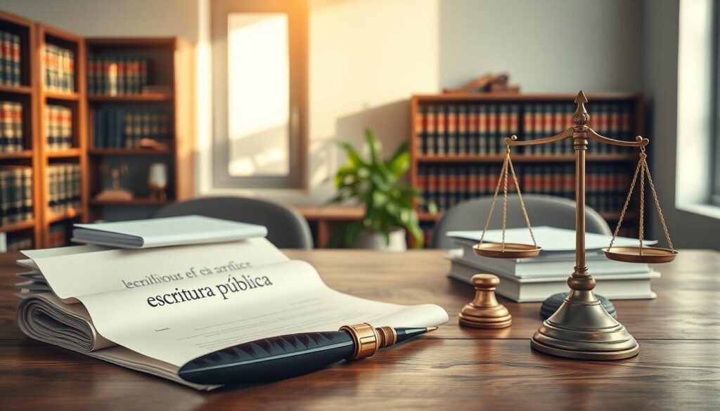 A serene office environment showcasing a wooden desk with an elegant quill pen and an ink pot beside a partially unrolled scroll of "escritura pública." In the foreground, a well-organized stack of legal documents and a classic brass scale symbolize justice. A soft light filters through a large window, casting gentle shadows that heighten the atmosphere of professionalism and trust. In the middle background, a bookshelf filled with law books and notary seals adds depth, while a potted plant brings a touch of life to the scene. The overall mood is one of clarity and seriousness, perfect for illustrating the concept of public writing and the importance of legal documentation. The composition focuses on the importance of legal processes without any human figures involved. A serene office environment showcasing a wooden desk with an elegant quill pen and an ink pot beside a partially unrolled scroll of "escritura pública." In the foreground, a well-organized stack of legal documents and a classic brass scale symbolize justice. A soft light filters through a large window, casting gentle shadows that heighten the atmosphere of professionalism and trust. In the middle background, a bookshelf filled with law books and notary seals adds depth, while a potted plant brings a touch of life to the scene. The overall mood is one of clarity and seriousness, perfect for illustrating the concept of public writing and the importance of legal documentation. The composition focuses on the importance of legal processes without any human figures involved.