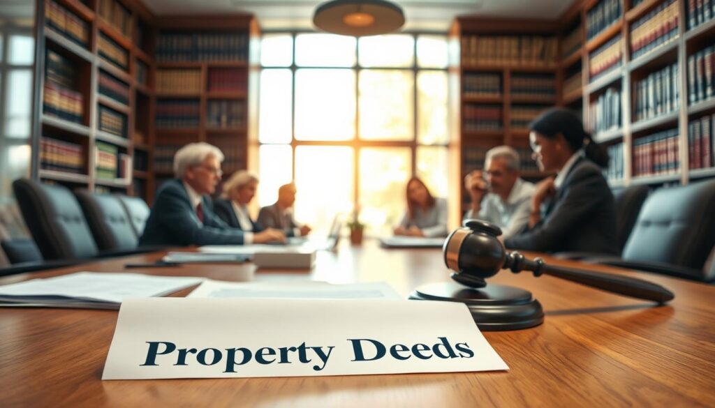 A serene office environment with a professional, diverse team seated around a large wooden table, engaged in an intense discussion about legal documents related to property registration. In the foreground, a close-up of a meticulously organized file labeled "Property Deeds," with a gavel resting beside it, symbolizing legal authority. The middle layer features a soft-focus view of a large window allowing natural light to illuminate the room, creating a vibrant and inviting atmosphere. In the background, bookshelves filled with legal books and statutes create a sense of grounding and depth, emphasizing the importance of legal knowledge. A balanced, warm color palette and a medium angle shot enhance the professionalism and seriousness of the subject, aiming to evoke a sense of trust and security in legal processes. A serene office environment with a professional, diverse team seated around a large wooden table, engaged in an intense discussion about legal documents related to property registration. In the foreground, a close-up of a meticulously organized file labeled "Property Deeds," with a gavel resting beside it, symbolizing legal authority. The middle layer features a soft-focus view of a large window allowing natural light to illuminate the room, creating a vibrant and inviting atmosphere. In the background, bookshelves filled with legal books and statutes create a sense of grounding and depth, emphasizing the importance of legal knowledge. A balanced, warm color palette and a medium angle shot enhance the professionalism and seriousness of the subject, aiming to evoke a sense of trust and security in legal processes.