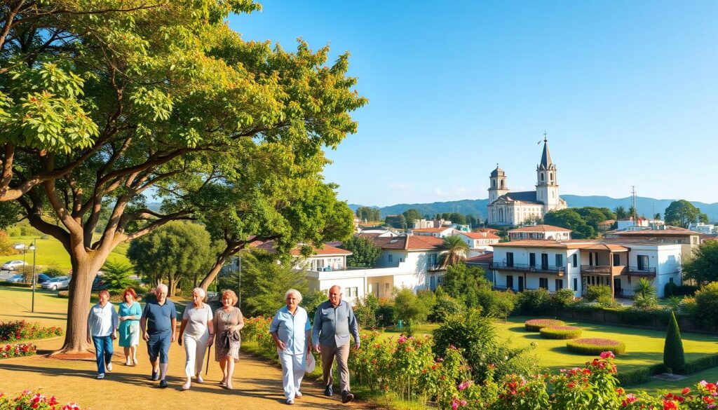 A serene, panoramic view of Maringá, Brazil, showcasing its vibrant quality of life for retirees. In the foreground, a lush, well-maintained park with mature trees and blooming flowers, where elderly individuals in modest casual clothing are enjoying leisurely walks and socializing. In the middle ground, comfortable residential neighborhoods with modern architecture, featuring balconies and gardens. The background should highlight iconic buildings, like the majestic cathedral, set against a clear blue sky with soft, natural lighting. Use a wide-angle lens to capture the essence of this beautiful city and create a warm, inviting atmosphere that reflects tranquility and community spirit, ideal for retirees seeking a peaceful lifestyle. A serene, panoramic view of Maringá, Brazil, showcasing its vibrant quality of life for retirees. In the foreground, a lush, well-maintained park with mature trees and blooming flowers, where elderly individuals in modest casual clothing are enjoying leisurely walks and socializing. In the middle ground, comfortable residential neighborhoods with modern architecture, featuring balconies and gardens. The background should highlight iconic buildings, like the majestic cathedral, set against a clear blue sky with soft, natural lighting. Use a wide-angle lens to capture the essence of this beautiful city and create a warm, inviting atmosphere that reflects tranquility and community spirit, ideal for retirees seeking a peaceful lifestyle.