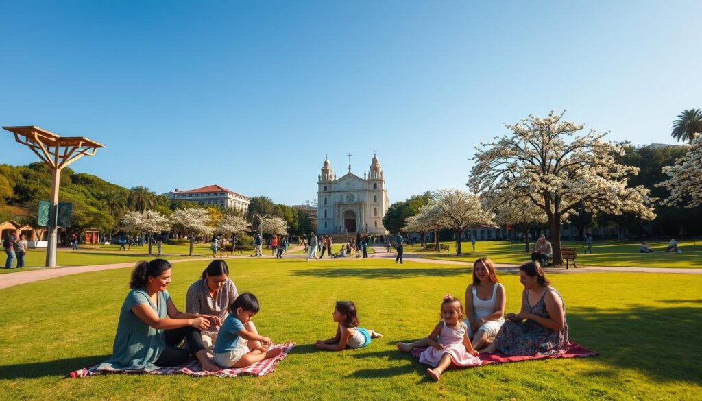 A serene park in Maringá, showcasing the essence of quality of life for families. In the foreground, a diverse group of families, dressed in modest casual clothing, enjoy a picnic on a green lawn, with children playing and laughing. The middle ground features well-maintained walking paths lined with blossoming trees and benches where people relax. In the background, the iconic architecture of Maringá, including its famous cathedral, stands under a clear blue sky. The warm sunlight casts a soft glow over the scene, creating a tranquil and inviting atmosphere. A wide-angle view captures the sense of community and well-being, emphasizing the harmony of nature and family life in this vibrant city. A serene park in Maringá, showcasing the essence of quality of life for families. In the foreground, a diverse group of families, dressed in modest casual clothing, enjoy a picnic on a green lawn, with children playing and laughing. The middle ground features well-maintained walking paths lined with blossoming trees and benches where people relax. In the background, the iconic architecture of Maringá, including its famous cathedral, stands under a clear blue sky. The warm sunlight casts a soft glow over the scene, creating a tranquil and inviting atmosphere. A wide-angle view captures the sense of community and well-being, emphasizing the harmony of nature and family life in this vibrant city.
