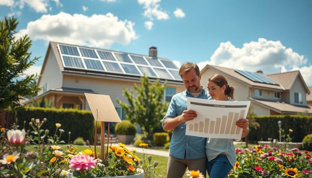 A serene residential neighborhood featuring a modern home with solar panels installed on the roof. In the foreground, a couple in modest casual clothing examines an energy savings chart while standing in their well-kept garden filled with blooming flowers. The middle ground showcases the house, with prominent solar panels glistening under bright sunlight, emphasizing energy efficiency and sustainability. In the background, there are blue skies dotted with fluffy white clouds, conveying a clean and eco-friendly environment. Soft, warm lighting enhances the inviting atmosphere, while the angle is slightly elevated to give a comprehensive view of the setting, suggesting prosperity and forward-thinking living. The image captures the essence of the benefits of residential solar energy, including environmental consciousness and financial savings. A serene residential neighborhood featuring a modern home with solar panels installed on the roof. In the foreground, a couple in modest casual clothing examines an energy savings chart while standing in their well-kept garden filled with blooming flowers. The middle ground showcases the house, with prominent solar panels glistening under bright sunlight, emphasizing energy efficiency and sustainability. In the background, there are blue skies dotted with fluffy white clouds, conveying a clean and eco-friendly environment. Soft, warm lighting enhances the inviting atmosphere, while the angle is slightly elevated to give a comprehensive view of the setting, suggesting prosperity and forward-thinking living. The image captures the essence of the benefits of residential solar energy, including environmental consciousness and financial savings.