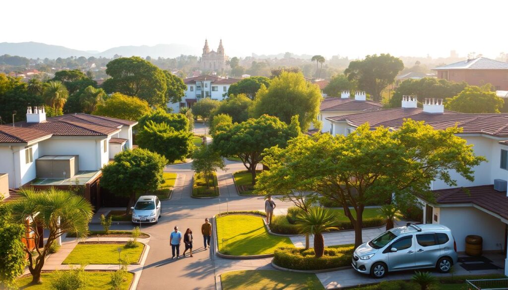 A serene residential neighborhood in Maringá, Brazil, showcasing a blend of modern houses and lush greenery. In the foreground, well-maintained gardens and driveways with parked cars invite a sense of community. The middle ground features tree-lined streets with people casually walking, dressed in modest, comfortable attire. The background includes a picturesque skyline, highlighting Maringá's unique architecture, including the iconic Cathedral of Maringá peeking through the trees. The scene is illuminated by warm, golden sunlight, evoking a peaceful, inviting atmosphere. The angle is slightly elevated, capturing the layout and harmony of the neighborhood, perfect for illustrating the essence of residential life in Maringá. A serene residential neighborhood in Maringá, Brazil, showcasing a blend of modern houses and lush greenery. In the foreground, well-maintained gardens and driveways with parked cars invite a sense of community. The middle ground features tree-lined streets with people casually walking, dressed in modest, comfortable attire. The background includes a picturesque skyline, highlighting Maringá's unique architecture, including the iconic Cathedral of Maringá peeking through the trees. The scene is illuminated by warm, golden sunlight, evoking a peaceful, inviting atmosphere. The angle is slightly elevated, capturing the layout and harmony of the neighborhood, perfect for illustrating the essence of residential life in Maringá.