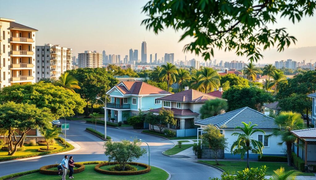 A serene residential neighborhood in Maringá, Brazil, showcasing a diverse range of housing styles, including modern apartment buildings and charming single-family homes. In the foreground, well-maintained gardens and tree-lined streets, with families casually enjoying the outdoors. The middle ground features a few homes with varying architectural designs, blending traditional and contemporary elements, all reflecting the local culture. In the background, the skyline includes notable landmarks of Maringá. The scene is bathed in soft, warm afternoon light, creating a welcoming atmosphere. The lens focuses on a slightly elevated angle, capturing the essence of community living, with a peaceful and family-friendly vibe. No people in the image, ensuring a focus on the beauty of Maringá's housing landscape. A serene residential neighborhood in Maringá, Brazil, showcasing a diverse range of housing styles, including modern apartment buildings and charming single-family homes. In the foreground, well-maintained gardens and tree-lined streets, with families casually enjoying the outdoors. The middle ground features a few homes with varying architectural designs, blending traditional and contemporary elements, all reflecting the local culture. In the background, the skyline includes notable landmarks of Maringá. The scene is bathed in soft, warm afternoon light, creating a welcoming atmosphere. The lens focuses on a slightly elevated angle, capturing the essence of community living, with a peaceful and family-friendly vibe. No people in the image, ensuring a focus on the beauty of Maringá's housing landscape.