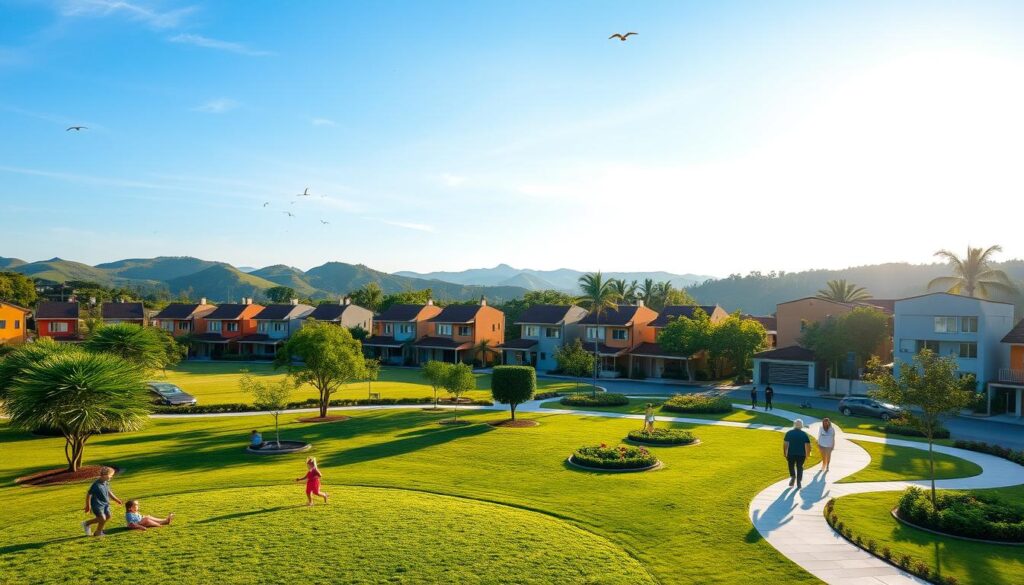 A serene residential neighborhood in Maringá, showcasing a blend of modern and lush green spaces. In the foreground, a well-maintained park with families enjoying quality time outdoors; children playing on the grass, and adults exercising along paved paths. In the middle, row houses with vibrant facades and blooming gardens, emphasizing community and comfort. In the background, gentle rolling hills under a clear blue sky with soft sunlight casting warm, inviting shadows. The scene is alive with greenery, trees swaying in a light breeze, and birds chirping overhead. The atmosphere conveys tranquility, safety, and the joys of suburban life. Shot from a slightly elevated angle to capture the essence of neighborhood harmony and accessibility. A serene residential neighborhood in Maringá, showcasing a blend of modern and lush green spaces. In the foreground, a well-maintained park with families enjoying quality time outdoors; children playing on the grass, and adults exercising along paved paths. In the middle, row houses with vibrant facades and blooming gardens, emphasizing community and comfort. In the background, gentle rolling hills under a clear blue sky with soft sunlight casting warm, inviting shadows. The scene is alive with greenery, trees swaying in a light breeze, and birds chirping overhead. The atmosphere conveys tranquility, safety, and the joys of suburban life. Shot from a slightly elevated angle to capture the essence of neighborhood harmony and accessibility.