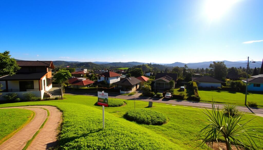 A serene scene of a residential area in Mandaguari, Paraná, showcasing a variety of properties such as modern houses, quaint bungalows, and lush green gardens. In the foreground, include a well-maintained path leading to an inviting property with a "For Sale" sign. The middle layer features a diverse array of homes, each uniquely designed, reflecting local architecture. In the background, give a glimpse of rolling hills under a clear blue sky, with soft, warm sunlight illuminating the scene. Enhance the atmosphere with a sense of tranquility and community, ensuring the image feels welcoming and professional. The composition should use a slightly elevated camera angle to capture the scenery comprehensively, evoking a sense of exploration and opportunity in real estate. A serene scene of a residential area in Mandaguari, Paraná, showcasing a variety of properties such as modern houses, quaint bungalows, and lush green gardens. In the foreground, include a well-maintained path leading to an inviting property with a "For Sale" sign. The middle layer features a diverse array of homes, each uniquely designed, reflecting local architecture. In the background, give a glimpse of rolling hills under a clear blue sky, with soft, warm sunlight illuminating the scene. Enhance the atmosphere with a sense of tranquility and community, ensuring the image feels welcoming and professional. The composition should use a slightly elevated camera angle to capture the scenery comprehensively, evoking a sense of exploration and opportunity in real estate.