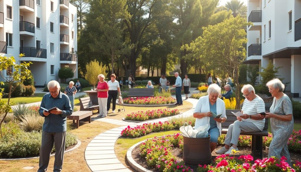 A serene senior living community in Maringá, beautifully designed with lush gardens and modern architecture. In the foreground, a diverse group of elderly residents, both men and women dressed in modest casual clothing, engage in leisurely activities like gardening and reading. The middle ground features thoughtfully placed benches and pathways winding through vibrant flower beds. In the background, soft sunlight filters through tall trees, casting gentle shadows and adding warmth to the atmosphere. The scene conveys a sense of community, tranquility, and well-being, highlighting the wholesome lifestyle available in senior condominiums. Capture this composition with a slightly elevated perspective to encompass both residents and the picturesque surroundings, ensuring the image has a bright, inviting feel. A serene senior living community in Maringá, beautifully designed with lush gardens and modern architecture. In the foreground, a diverse group of elderly residents, both men and women dressed in modest casual clothing, engage in leisurely activities like gardening and reading. The middle ground features thoughtfully placed benches and pathways winding through vibrant flower beds. In the background, soft sunlight filters through tall trees, casting gentle shadows and adding warmth to the atmosphere. The scene conveys a sense of community, tranquility, and well-being, highlighting the wholesome lifestyle available in senior condominiums. Capture this composition with a slightly elevated perspective to encompass both residents and the picturesque surroundings, ensuring the image has a bright, inviting feel.