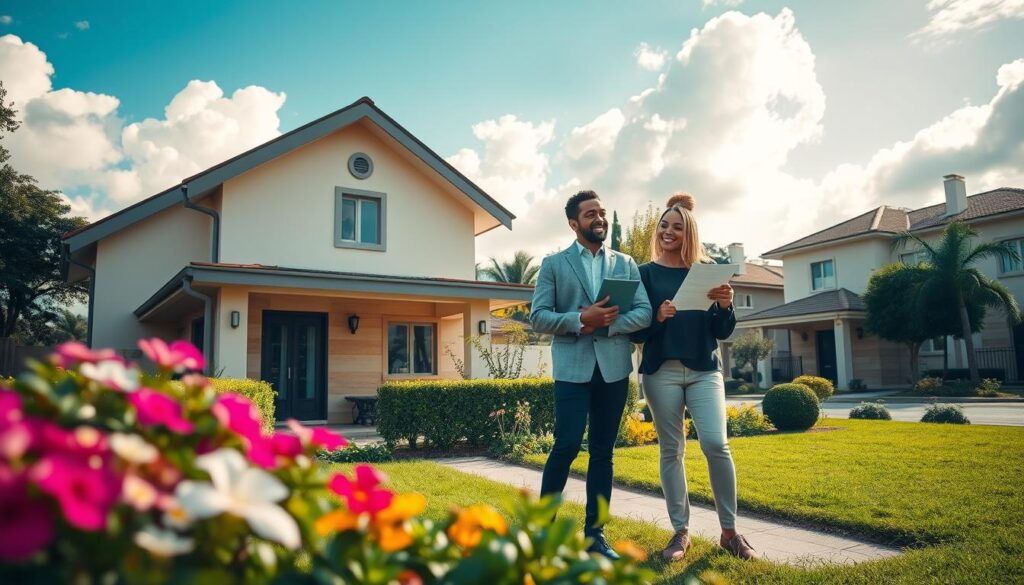 A serene suburban neighborhood in Maringá, Brazil, featuring a cozy, modern house with a welcoming facade surrounded by lush greenery. In the foreground, a well-maintained garden blooms with colorful flowers and neatly trimmed bushes. The middle ground showcases a happy couple in smart casual attire, gazing at the house, symbolizing their dream of home ownership. They are holding documents, implying the process of using FGTS for property purchase. In the background, typical Maringá architecture can be seen under a bright blue sky with soft, fluffy clouds. The scene is bathed in warm, natural light, evoking a hopeful and optimistic atmosphere. Use a wide-angle lens to capture the essence of community and achievement. A serene suburban neighborhood in Maringá, Brazil, featuring a cozy, modern house with a welcoming facade surrounded by lush greenery. In the foreground, a well-maintained garden blooms with colorful flowers and neatly trimmed bushes. The middle ground showcases a happy couple in smart casual attire, gazing at the house, symbolizing their dream of home ownership. They are holding documents, implying the process of using FGTS for property purchase. In the background, typical Maringá architecture can be seen under a bright blue sky with soft, fluffy clouds. The scene is bathed in warm, natural light, evoking a hopeful and optimistic atmosphere. Use a wide-angle lens to capture the essence of community and achievement.