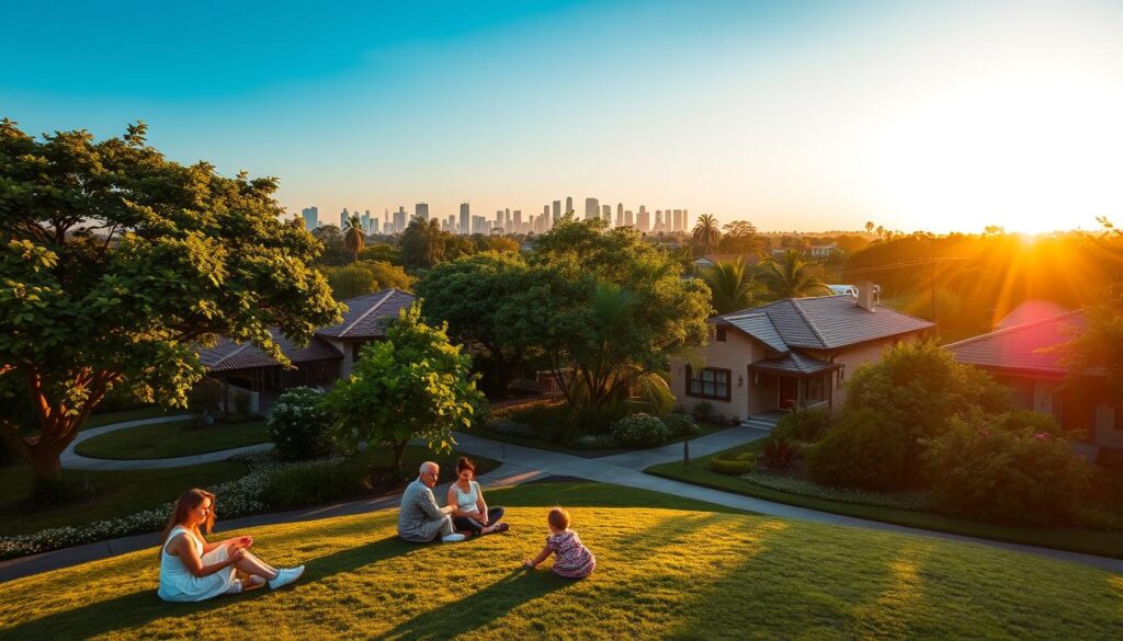 A serene suburban neighborhood in Maringá, Brazil, showcasing the advantages of living outside the city center. In the foreground, a diverse family enjoys a leisurely afternoon in a well-kept park, surrounded by lush green trees and blooming flowers. In the middle ground, cozy houses with colorful facades and neatly trimmed lawns exemplify the charm of suburban life. The background features the iconic skyline of Maringá at sunset, bathing the scene in warm golden light, creating a peaceful atmosphere. The angle is slightly elevated, capturing both the community feel and the beauty of nature. The image should evoke a sense of tranquility, balance, and the joys of suburban living, emphasizing quality of life. A serene suburban neighborhood in Maringá, Brazil, showcasing the advantages of living outside the city center. In the foreground, a diverse family enjoys a leisurely afternoon in a well-kept park, surrounded by lush green trees and blooming flowers. In the middle ground, cozy houses with colorful facades and neatly trimmed lawns exemplify the charm of suburban life. The background features the iconic skyline of Maringá at sunset, bathing the scene in warm golden light, creating a peaceful atmosphere. The angle is slightly elevated, capturing both the community feel and the beauty of nature. The image should evoke a sense of tranquility, balance, and the joys of suburban living, emphasizing quality of life.