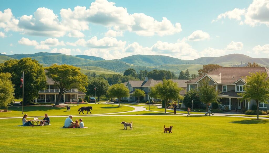 A serene suburban scene depicting the tranquil life in the Iguatemi district. In the foreground, a vibrant green park with families enjoying picnics, children playing on the grass, and individuals walking their dogs. The middle ground features charming, modern homes with porches, surrounded by lush trees and blooming flowers, showcasing the peaceful residential environment. In the background, soft rolling hills gently rise under a clear blue sky, with fluffy white clouds. The sunlight bathes the scene in a warm, golden glow, creating a welcoming and idyllic atmosphere. Capture this scene with a wide-angle lens, emphasizing the spaciousness and beauty of the area. Focus on showcasing a life balanced between nature and community living, reflecting the benefits of choosing Iguatemi. A serene suburban scene depicting the tranquil life in the Iguatemi district. In the foreground, a vibrant green park with families enjoying picnics, children playing on the grass, and individuals walking their dogs. The middle ground features charming, modern homes with porches, surrounded by lush trees and blooming flowers, showcasing the peaceful residential environment. In the background, soft rolling hills gently rise under a clear blue sky, with fluffy white clouds. The sunlight bathes the scene in a warm, golden glow, creating a welcoming and idyllic atmosphere. Capture this scene with a wide-angle lens, emphasizing the spaciousness and beauty of the area. Focus on showcasing a life balanced between nature and community living, reflecting the benefits of choosing Iguatemi.