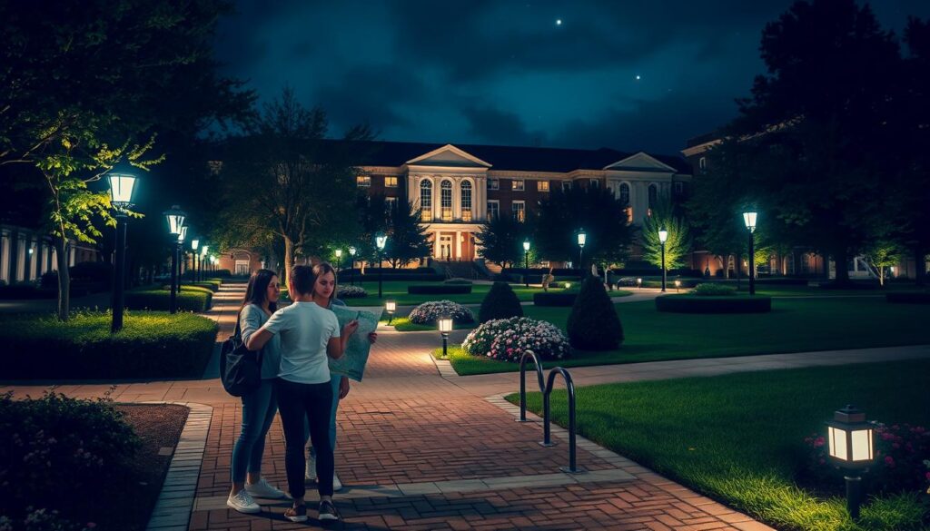 A serene university campus at night, illuminated by soft, warm light from path lights, casting gentle shadows across brick walkways. In the foreground, a group of three students in modest casual clothing consults a campus map, appearing focused and engaged. The middle ground features lush greenery and well-maintained flower beds, framing the scene with an inviting touch. In the background, elegant university buildings stand tall, subtly illuminated against the night sky, with a few stars peeking through the clouds. The overall atmosphere conveys safety and community, emphasizing the idea of navigating the campus at night with confidence. Capture the scene from a slightly elevated angle to provide a clear view, creating a sense of openness while maintaining a cozy, inviting vibe. A serene university campus at night, illuminated by soft, warm light from path lights, casting gentle shadows across brick walkways. In the foreground, a group of three students in modest casual clothing consults a campus map, appearing focused and engaged. The middle ground features lush greenery and well-maintained flower beds, framing the scene with an inviting touch. In the background, elegant university buildings stand tall, subtly illuminated against the night sky, with a few stars peeking through the clouds. The overall atmosphere conveys safety and community, emphasizing the idea of navigating the campus at night with confidence. Capture the scene from a slightly elevated angle to provide a clear view, creating a sense of openness while maintaining a cozy, inviting vibe.