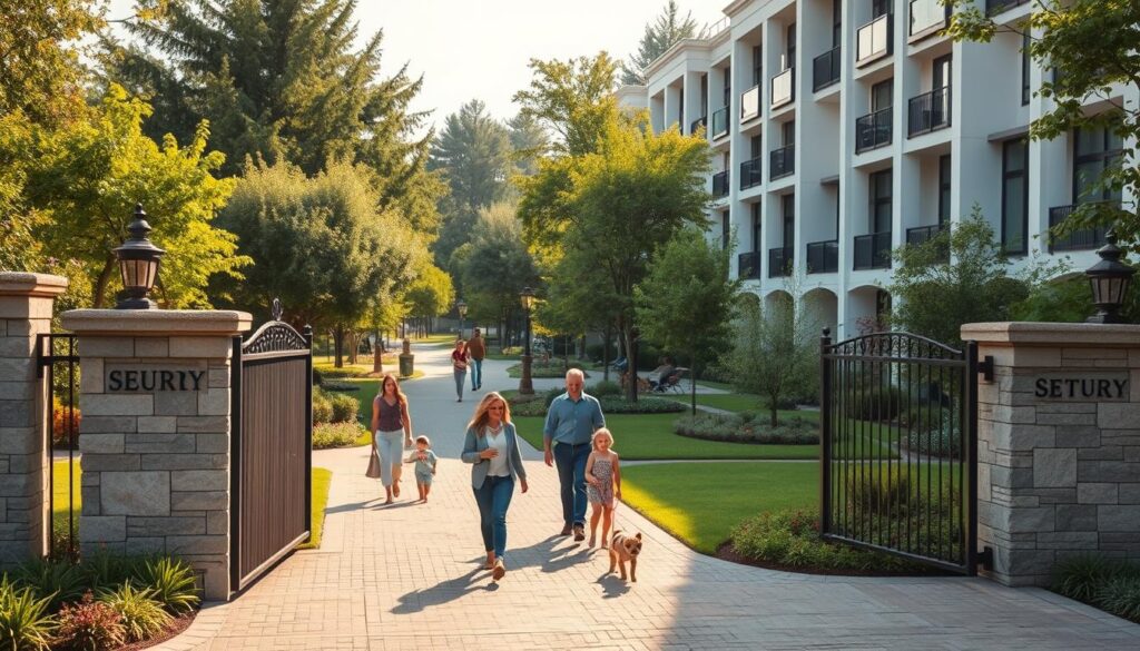A serene, upscale residential neighborhood showcasing high-end gated condominiums surrounded by lush greenery. In the foreground, a beautifully landscaped entrance with elegant stone gates and well-manicured gardens symbolizes security. The middle ground captures a diverse group of families enjoying leisure activities—children playing in a safe park, adults walking dogs, and couples chatting, all dressed in smart casual attire. The background features modern architecture with large windows, emphasizing transparency and openness. The scene is bathed in warm, golden sunlight, creating a welcoming and tranquil atmosphere. Utilize a wide-angle lens to capture the entire scene from a slightly elevated perspective, highlighting the harmony between luxury living, leisure, and security in this desirable community. A serene, upscale residential neighborhood showcasing high-end gated condominiums surrounded by lush greenery. In the foreground, a beautifully landscaped entrance with elegant stone gates and well-manicured gardens symbolizes security. The middle ground captures a diverse group of families enjoying leisure activities—children playing in a safe park, adults walking dogs, and couples chatting, all dressed in smart casual attire. The background features modern architecture with large windows, emphasizing transparency and openness. The scene is bathed in warm, golden sunlight, creating a welcoming and tranquil atmosphere. Utilize a wide-angle lens to capture the entire scene from a slightly elevated perspective, highlighting the harmony between luxury living, leisure, and security in this desirable community.