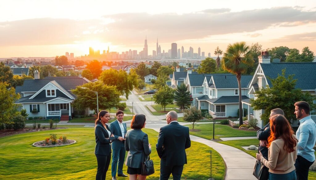 A serene urban landscape focusing on a well-maintained residential neighborhood that conveys a sense of comfort and security. In the foreground, a diverse group of people, dressed in professional business attire, are engaged in conversation, emphasizing community engagement. The middle ground features charming homes with manicured lawns, alongside tree-lined streets and small parks that enhance livability. In the background, softly illuminated by the golden glow of sunset, a city skyline can be seen, representing growth and opportunity. The lighting is warm and inviting, with soft shadows creating a peaceful atmosphere. The overall mood is one of tranquility and positivity, reflecting the importance of location in the context of comfort, safety, and property value. A serene urban landscape focusing on a well-maintained residential neighborhood that conveys a sense of comfort and security. In the foreground, a diverse group of people, dressed in professional business attire, are engaged in conversation, emphasizing community engagement. The middle ground features charming homes with manicured lawns, alongside tree-lined streets and small parks that enhance livability. In the background, softly illuminated by the golden glow of sunset, a city skyline can be seen, representing growth and opportunity. The lighting is warm and inviting, with soft shadows creating a peaceful atmosphere. The overall mood is one of tranquility and positivity, reflecting the importance of location in the context of comfort, safety, and property value.