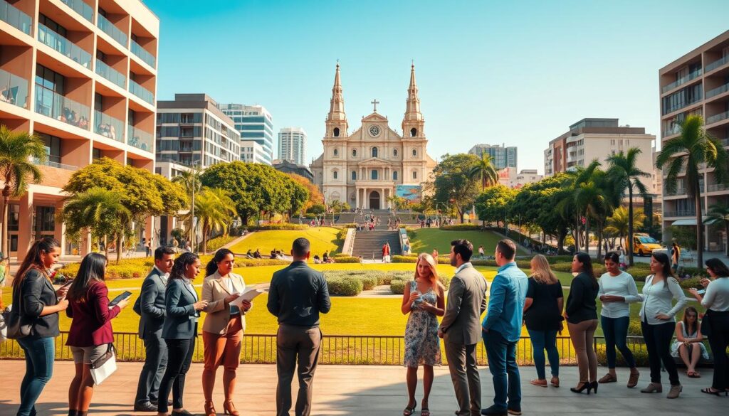 A serene urban landscape in Maringá, Brazil, showcasing modern architecture that represents financial independence. In the foreground, a diverse group of people dressed in professional business attire is engaged in discussions, holding documents and smartphones, symbolizing investment strategies. The middle ground features a well-maintained park with lush greenery and people enjoying leisure activities, reflecting a harmonious lifestyle. In the background, the iconic Cathedral of Maringá towers majestically against a clear blue sky. The scene is illuminated by soft, warm sunlight, creating a welcoming and optimistic atmosphere. Use a wide-angle shot to capture the vibrant city life, highlighting the connection between urban living and financial freedom. The overall mood should be motivating, emphasizing the pursuit of a balanced and prosperous life in Maringá. A serene urban landscape in Maringá, Brazil, showcasing modern architecture that represents financial independence. In the foreground, a diverse group of people dressed in professional business attire is engaged in discussions, holding documents and smartphones, symbolizing investment strategies. The middle ground features a well-maintained park with lush greenery and people enjoying leisure activities, reflecting a harmonious lifestyle. In the background, the iconic Cathedral of Maringá towers majestically against a clear blue sky. The scene is illuminated by soft, warm sunlight, creating a welcoming and optimistic atmosphere. Use a wide-angle shot to capture the vibrant city life, highlighting the connection between urban living and financial freedom. The overall mood should be motivating, emphasizing the pursuit of a balanced and prosperous life in Maringá.