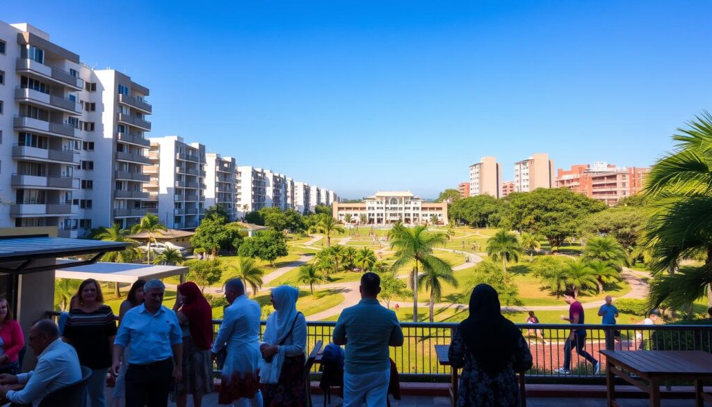 A serene urban landscape representing "quality of life" near the Universidade Estadual de Maringá (UEM). In the foreground, a diverse group of people in professional and modest casual clothing engage in conversation at a vibrant outdoor café, enjoying the sunny day. The middle ground features modern apartment buildings surrounded by lush green parks and recreational areas, with children playing and individuals jogging on pathways. In the background, the distinct architecture of UEM is visible, framed by clear blue skies. The scene is bathed in warm, golden sunlight, creating a cheerful and inviting atmosphere. The angle captures both the bustling life of the community and the calmness of nature, reflecting a harmonious balance between urban living and peaceful surroundings. A serene urban landscape representing "quality of life" near the Universidade Estadual de Maringá (UEM). In the foreground, a diverse group of people in professional and modest casual clothing engage in conversation at a vibrant outdoor café, enjoying the sunny day. The middle ground features modern apartment buildings surrounded by lush green parks and recreational areas, with children playing and individuals jogging on pathways. In the background, the distinct architecture of UEM is visible, framed by clear blue skies. The scene is bathed in warm, golden sunlight, creating a cheerful and inviting atmosphere. The angle captures both the bustling life of the community and the calmness of nature, reflecting a harmonious balance between urban living and peaceful surroundings.