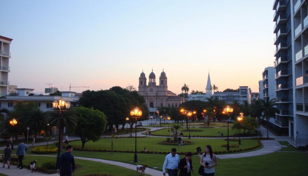 A serene urban neighborhood in Maringá, showcasing a blend of modern residential buildings and lush green spaces in the foreground, with families and individuals in professional business attire or modest casual clothing enjoying the surroundings. In the middle ground, well-maintained parks with children playing and people walking dogs, surrounded by elegant streetlamps casting a warm, inviting glow as the sun sets. The background features distinctive architectural elements of Maringá, such as the iconic Cathedral and palm trees, under a clear twilight sky. The overall atmosphere is peaceful and vibrant, emphasizing a high quality of life in the area. Captured with a soft-focus lens effect to add warmth and charm. A serene urban neighborhood in Maringá, showcasing a blend of modern residential buildings and lush green spaces in the foreground, with families and individuals in professional business attire or modest casual clothing enjoying the surroundings. In the middle ground, well-maintained parks with children playing and people walking dogs, surrounded by elegant streetlamps casting a warm, inviting glow as the sun sets. The background features distinctive architectural elements of Maringá, such as the iconic Cathedral and palm trees, under a clear twilight sky. The overall atmosphere is peaceful and vibrant, emphasizing a high quality of life in the area. Captured with a soft-focus lens effect to add warmth and charm.