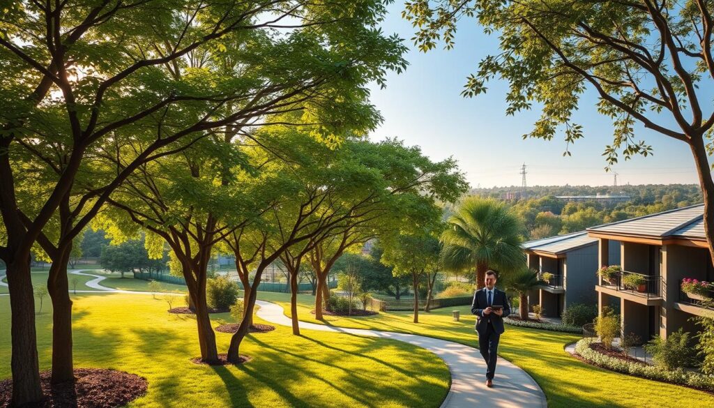 A serene urban neighborhood in Maringá, showcasing a vibrant, green park surrounded by residential buildings. In the foreground, lush trees with broad canopies filter soft sunlight and provide shade to a winding path where a person in business attire walks, holding a tablet, representing a prospective homebuyer. In the middle ground, low-rise eco-friendly homes blend harmoniously with the landscape, featuring balconies adorned with potted plants and flowers. The background reveals a horizon of more urban structures, partially obscured by trees, under a clear blue sky. The image conveys a peaceful and inviting atmosphere, emphasizing the connection between nature and community living, with a warm golden hour lighting that enhances the overall charm of the scene. A serene urban neighborhood in Maringá, showcasing a vibrant, green park surrounded by residential buildings. In the foreground, lush trees with broad canopies filter soft sunlight and provide shade to a winding path where a person in business attire walks, holding a tablet, representing a prospective homebuyer. In the middle ground, low-rise eco-friendly homes blend harmoniously with the landscape, featuring balconies adorned with potted plants and flowers. The background reveals a horizon of more urban structures, partially obscured by trees, under a clear blue sky. The image conveys a peaceful and inviting atmosphere, emphasizing the connection between nature and community living, with a warm golden hour lighting that enhances the overall charm of the scene.