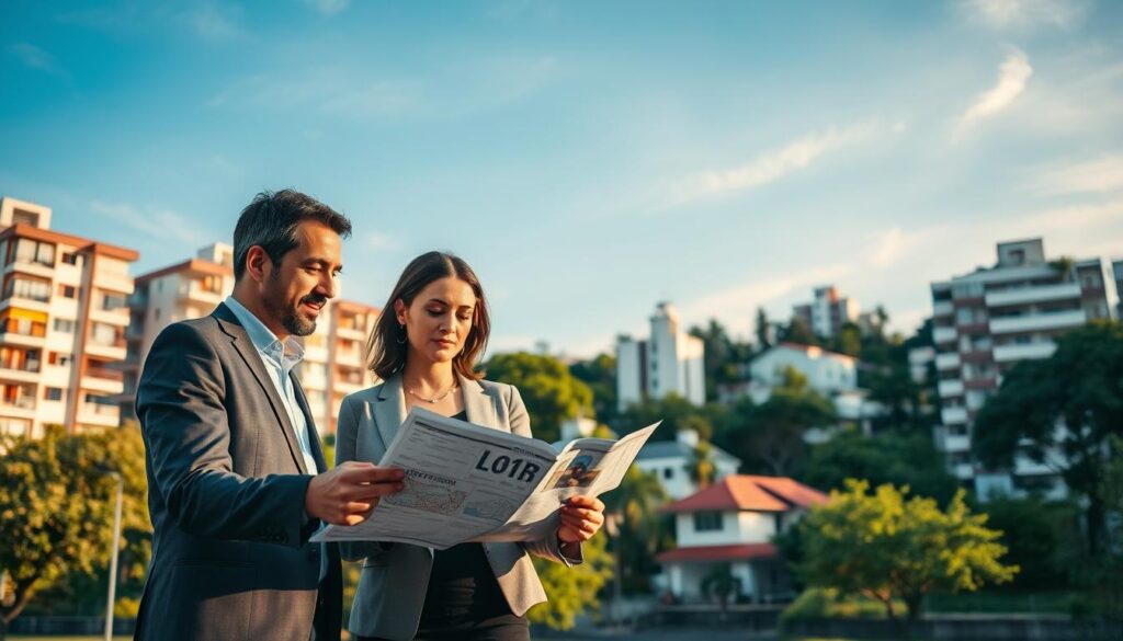 A serene urban scene depicting the concept of rental income through real estate, with a peaceful neighborhood in Maringá. In the foreground, a middle-aged couple in professional business attire examines a map, discussing potential properties. In the middle ground, diverse residential buildings, including modern apartments and traditional homes, are interconnected with lush green spaces and trees. The background features a clear blue sky with soft, warm sunlight casting gentle shadows, creating an inviting atmosphere. The angle captures a slightly elevated view, immersing viewers in the environment of thriving rental opportunities. The overall mood is hopeful and optimistic, emphasizing the potential of living off rental income. A serene urban scene depicting the concept of rental income through real estate, with a peaceful neighborhood in Maringá. In the foreground, a middle-aged couple in professional business attire examines a map, discussing potential properties. In the middle ground, diverse residential buildings, including modern apartments and traditional homes, are interconnected with lush green spaces and trees. The background features a clear blue sky with soft, warm sunlight casting gentle shadows, creating an inviting atmosphere. The angle captures a slightly elevated view, immersing viewers in the environment of thriving rental opportunities. The overall mood is hopeful and optimistic, emphasizing the potential of living off rental income.
