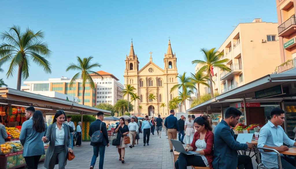 A serene urban scene depicting the cost of living in Maringá in 2026. In the foreground, show diverse individuals in professional business attire engaging in daily activities, such as shopping at a vibrant market or sitting at a café with laptops, illustrating an active lifestyle. In the middle ground, include a bustling environment with modern buildings, palm trees, and cheerful street vendors, creating a lively atmosphere. The background should feature Maringá’s iconic architecture, including the striking Cathedral of Maringá against a clear blue sky. Utilize soft, natural lighting to evoke a warm and inviting mood. Capture the scene from a slightly elevated angle to provide a comprehensive view of the cost of living context without any text or overlays. A serene urban scene depicting the cost of living in Maringá in 2026. In the foreground, show diverse individuals in professional business attire engaging in daily activities, such as shopping at a vibrant market or sitting at a café with laptops, illustrating an active lifestyle. In the middle ground, include a bustling environment with modern buildings, palm trees, and cheerful street vendors, creating a lively atmosphere. The background should feature Maringá’s iconic architecture, including the striking Cathedral of Maringá against a clear blue sky. Utilize soft, natural lighting to evoke a warm and inviting mood. Capture the scene from a slightly elevated angle to provide a comprehensive view of the cost of living context without any text or overlays.