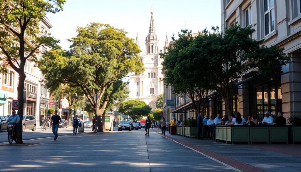 A serene urban scene in the heart of Maringá, Brazil, showcasing a contrast between bustling streets and quiet corners. In the foreground, an empty tree-lined sidewalk with gentle shadows cast by the afternoon sun. In the middle, vibrant café terraces with patrons in professional attire enjoying coffee, juxtaposed with tranquil, less-frequented alleyways. The background features iconic architecture of Maringá, including modern buildings and the tall Cathedral of Maringá, under a clear blue sky. The overall atmosphere reflects a peaceful yet lively urban dynamic, with soft natural lighting capturing the essence of both agitation and serenity. The image is framed from a street-level angle to emphasize the juxtaposition of activity and calm. A serene urban scene in the heart of Maringá, Brazil, showcasing a contrast between bustling streets and quiet corners. In the foreground, an empty tree-lined sidewalk with gentle shadows cast by the afternoon sun. In the middle, vibrant café terraces with patrons in professional attire enjoying coffee, juxtaposed with tranquil, less-frequented alleyways. The background features iconic architecture of Maringá, including modern buildings and the tall Cathedral of Maringá, under a clear blue sky. The overall atmosphere reflects a peaceful yet lively urban dynamic, with soft natural lighting capturing the essence of both agitation and serenity. The image is framed from a street-level angle to emphasize the juxtaposition of activity and calm.