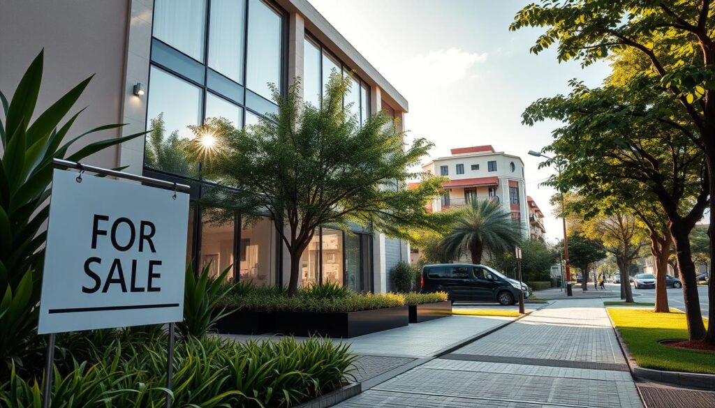 A serene urban scene showcasing a modern apartment for sale in Maringá. In the foreground, a well-maintained entrance with a "For Sale" sign elegantly placed against a backdrop of lush greenery. The middle section features the apartment’s stylish facade with large windows reflecting afternoon sunlight, giving the impression of a welcoming and bright interior. In the background, typical Maringá architecture, including nearby parks and vibrant streets, hints at the local community atmosphere. Soft, natural lighting enhances the ample space, while a wide-angle view captures the essence of urban living. The mood is inviting and optimistic, depicting a bright future for potential buyers, emphasizing professionalism and trust in the real estate market. A serene urban scene showcasing a modern apartment for sale in Maringá. In the foreground, a well-maintained entrance with a "For Sale" sign elegantly placed against a backdrop of lush greenery. The middle section features the apartment’s stylish facade with large windows reflecting afternoon sunlight, giving the impression of a welcoming and bright interior. In the background, typical Maringá architecture, including nearby parks and vibrant streets, hints at the local community atmosphere. Soft, natural lighting enhances the ample space, while a wide-angle view captures the essence of urban living. The mood is inviting and optimistic, depicting a bright future for potential buyers, emphasizing professionalism and trust in the real estate market.