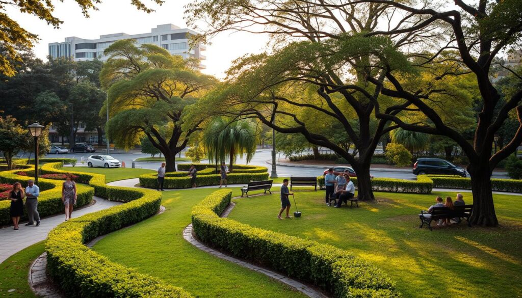 A serene view of Parque Gávea in Maringá, Brazil, showcasing the lush greenery and vibrant flora that defines the area. In the foreground, a winding pathway lined with manicured hedges leads visitors past elegantly dressed individuals enjoying the park's ambiance. The middle ground features gently swaying trees casting dappled light on the ground, highlighting benches occupied by families and groups conversing amicably. In the background, the modern architecture of Avenida Guedner is visible, subtly framed by the park's natural elements. Soft, golden hour lighting bathes the scene, creating a warm, inviting atmosphere. The composition should be shot at an angle that captures both the natural beauty of the park and the urban essence of the surrounding area, emphasizing the blend of nature and city life. A serene view of Parque Gávea in Maringá, Brazil, showcasing the lush greenery and vibrant flora that defines the area. In the foreground, a winding pathway lined with manicured hedges leads visitors past elegantly dressed individuals enjoying the park's ambiance. The middle ground features gently swaying trees casting dappled light on the ground, highlighting benches occupied by families and groups conversing amicably. In the background, the modern architecture of Avenida Guedner is visible, subtly framed by the park's natural elements. Soft, golden hour lighting bathes the scene, creating a warm, inviting atmosphere. The composition should be shot at an angle that captures both the natural beauty of the park and the urban essence of the surrounding area, emphasizing the blend of nature and city life.