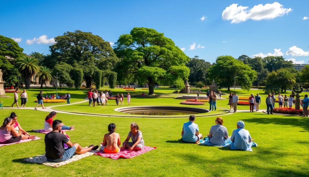 A serene view of Parque Ingá in Maringá, Brazil, during a bright sunny day. In the foreground, vibrant green grass with families relaxing on picnic blankets, enjoying leisure time. People of diverse backgrounds dressed in modest casual clothing stroll along pathways lined with colorful flowerbeds, showcasing the park’s natural beauty. In the middle ground, towering trees provide ample shade, and a small pond with ducks adds a tranquil touch. The background features a clear blue sky with a few fluffy clouds, highlighting the lush greenery and the peaceful atmosphere. The lighting is warm and inviting, evoking a sense of quality of life and community spirit. The overall scene conveys a lively yet serene atmosphere, emphasizing the park as a focal point for leisure and relaxation in Maringá. A serene view of Parque Ingá in Maringá, Brazil, during a bright sunny day. In the foreground, vibrant green grass with families relaxing on picnic blankets, enjoying leisure time. People of diverse backgrounds dressed in modest casual clothing stroll along pathways lined with colorful flowerbeds, showcasing the park’s natural beauty. In the middle ground, towering trees provide ample shade, and a small pond with ducks adds a tranquil touch. The background features a clear blue sky with a few fluffy clouds, highlighting the lush greenery and the peaceful atmosphere. The lighting is warm and inviting, evoking a sense of quality of life and community spirit. The overall scene conveys a lively yet serene atmosphere, emphasizing the park as a focal point for leisure and relaxation in Maringá.