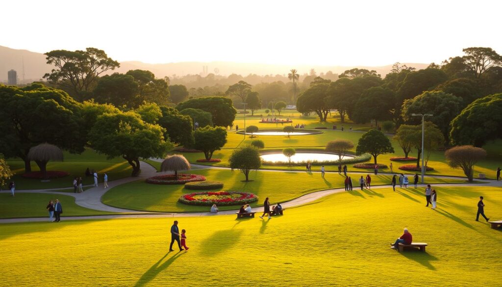 A serene view of Parque Ingá in Maringá, Brazil, during golden hour. In the foreground, a lush green lawn dotted with people walking along winding paths, some sitting on benches and enjoying the scenery, all dressed in comfortable, casual attire. In the middle ground, a variety of trees and colorful flowerbeds add vibrancy, with a small pond reflecting the sky. The background features soft hills under a warm, golden light that casts gentle shadows, creating a peaceful, inviting atmosphere. The overall scene conveys a sense of tranquility and community, perfect for illustrating the joys of living car-free in a beautiful urban park. The image should feel natural and warm, with soft focus on the background to enhance depth. A serene view of Parque Ingá in Maringá, Brazil, during golden hour. In the foreground, a lush green lawn dotted with people walking along winding paths, some sitting on benches and enjoying the scenery, all dressed in comfortable, casual attire. In the middle ground, a variety of trees and colorful flowerbeds add vibrancy, with a small pond reflecting the sky. The background features soft hills under a warm, golden light that casts gentle shadows, creating a peaceful, inviting atmosphere. The overall scene conveys a sense of tranquility and community, perfect for illustrating the joys of living car-free in a beautiful urban park. The image should feel natural and warm, with soft focus on the background to enhance depth.