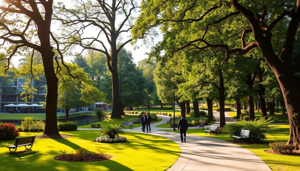 A serene view of Parque Ingá, showcasing its lush greenery and vibrant flora. In the foreground, a well-maintained path winds through the park, dotted with benches and small decorative gardens. In the middle, tall trees provide a canopy, their leaves gently swaying in the breeze. A few people in professional business attire stroll along the path, enjoying the atmosphere. In the background, a glimpse of modern buildings can be seen, strategically placed to overlook the park, hinting at nearby restaurants and shops. The lighting is warm and inviting, with soft afternoon sunlight filtering through the leaves, creating a tranquil mood. Capture this picturesque scene from a slightly elevated angle, enhancing the depth and perspective of the park's beauty. A serene view of Parque Ingá, showcasing its lush greenery and vibrant flora. In the foreground, a well-maintained path winds through the park, dotted with benches and small decorative gardens. In the middle, tall trees provide a canopy, their leaves gently swaying in the breeze. A few people in professional business attire stroll along the path, enjoying the atmosphere. In the background, a glimpse of modern buildings can be seen, strategically placed to overlook the park, hinting at nearby restaurants and shops. The lighting is warm and inviting, with soft afternoon sunlight filtering through the leaves, creating a tranquil mood. Capture this picturesque scene from a slightly elevated angle, enhancing the depth and perspective of the park's beauty.