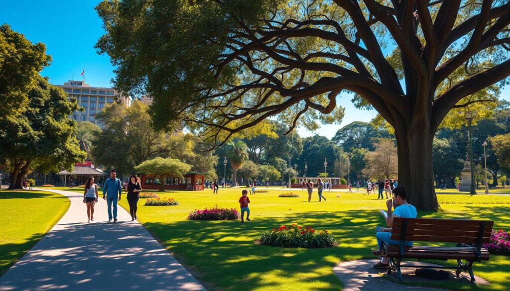 A serene view of Parque do Ingá, capturing a vibrant scene during a sunny day. In the foreground, a well-maintained path is lined with lush green grass and colorful flowerbeds, inviting visitors to explore. In the middle ground, families and friends enjoy leisurely activities: a couple walking hand in hand, children playing with a frisbee, and an individual reading on a bench under the shade of a large tree. The background features a diverse canopy of trees, with sunlight filtering through leaves, casting dappled shadows. The atmosphere is tranquil and inviting, embodying the benefits of living near this urban park. The lighting is bright and warm, with a clear blue sky, shot from a slightly elevated angle to encompass the park's expansive beauty. A serene view of Parque do Ingá, capturing a vibrant scene during a sunny day. In the foreground, a well-maintained path is lined with lush green grass and colorful flowerbeds, inviting visitors to explore. In the middle ground, families and friends enjoy leisurely activities: a couple walking hand in hand, children playing with a frisbee, and an individual reading on a bench under the shade of a large tree. The background features a diverse canopy of trees, with sunlight filtering through leaves, casting dappled shadows. The atmosphere is tranquil and inviting, embodying the benefits of living near this urban park. The lighting is bright and warm, with a clear blue sky, shot from a slightly elevated angle to encompass the park's expansive beauty.