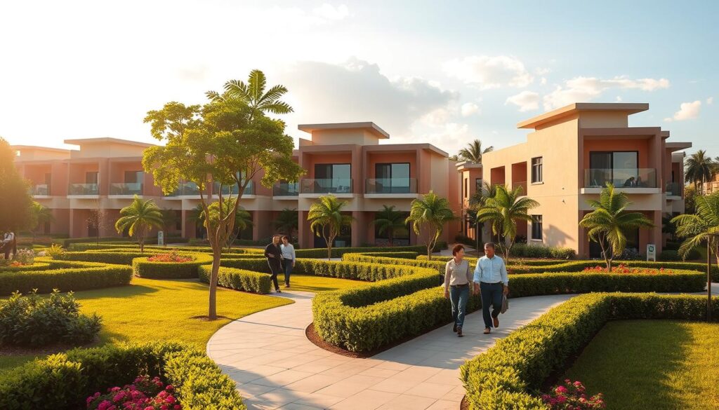 A serene view of modern horizontal condominiums in Maringá, Brazil, showcasing their architectural elegance. In the foreground, lush green gardens with neatly trimmed hedges and colorful flowers lead into the well-maintained pathways. The middle section features a row of contemporary condominiums with flat roofs and wide balconies, designed in warm earth tones, reflecting the sun’s soft golden light. Residents, dressed in professional attire, can be seen walking leisurely, enjoying the secure environment. In the background, the sky is bright and clear, with a hint of clouds, enhancing the peaceful atmosphere. The scene is captured in a slightly elevated angle to emphasize the layout and beauty of the community, with soft shadows adding depth and contrast. A serene view of modern horizontal condominiums in Maringá, Brazil, showcasing their architectural elegance. In the foreground, lush green gardens with neatly trimmed hedges and colorful flowers lead into the well-maintained pathways. The middle section features a row of contemporary condominiums with flat roofs and wide balconies, designed in warm earth tones, reflecting the sun’s soft golden light. Residents, dressed in professional attire, can be seen walking leisurely, enjoying the secure environment. In the background, the sky is bright and clear, with a hint of clouds, enhancing the peaceful atmosphere. The scene is captured in a slightly elevated angle to emphasize the layout and beauty of the community, with soft shadows adding depth and contrast.