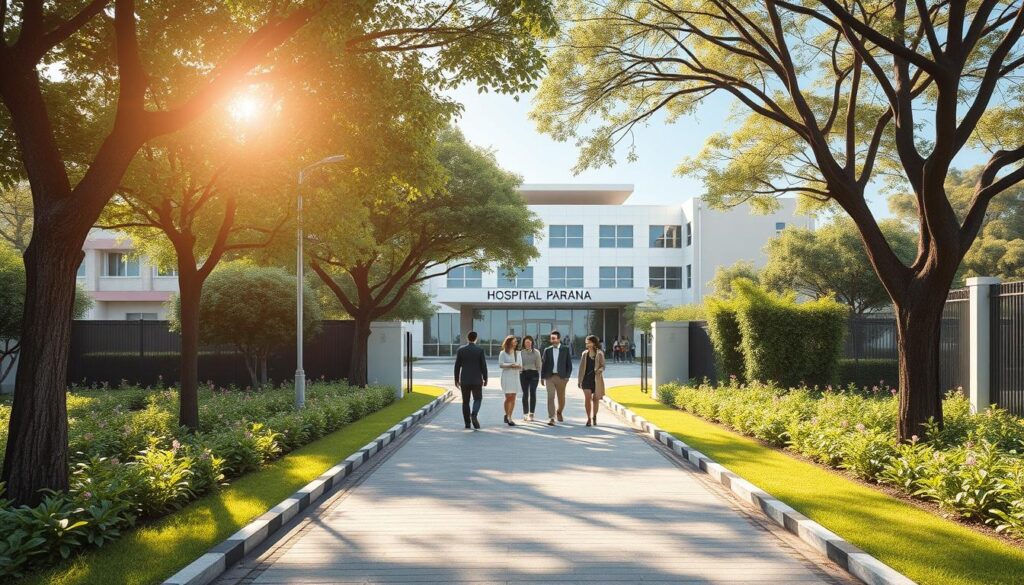 A serene view of the Hospital Paraná access point, illustrating a well-maintained road leading to the hospital entrance. In the foreground, show a paved path lined with lush greenery and flowers, inviting visitors. Gentle light filters through trees overhead, creating a calm and welcoming atmosphere. In the middle ground, depict a small group of people in professional business attire and modest casual clothing, engaging in conversation or walking towards the hospital, emphasizing a sense of community. In the background, position the hospital building with modern architecture, serene colors, and a clear blue sky. Capture the essence of a health-focused neighborhood, highlighting tranquility and accessibility. Use a wide-angle lens to provide a comprehensive view of the area, with soft, natural lighting to create an inviting mood. A serene view of the Hospital Paraná access point, illustrating a well-maintained road leading to the hospital entrance. In the foreground, show a paved path lined with lush greenery and flowers, inviting visitors. Gentle light filters through trees overhead, creating a calm and welcoming atmosphere. In the middle ground, depict a small group of people in professional business attire and modest casual clothing, engaging in conversation or walking towards the hospital, emphasizing a sense of community. In the background, position the hospital building with modern architecture, serene colors, and a clear blue sky. Capture the essence of a health-focused neighborhood, highlighting tranquility and accessibility. Use a wide-angle lens to provide a comprehensive view of the area, with soft, natural lighting to create an inviting mood.