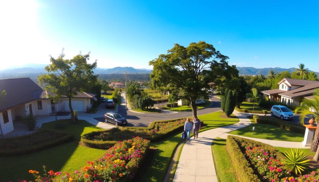 A serene view of the Iguatemi district in Maringá, Brazil, showcasing its lush greenery and tranquil residential atmosphere. In the foreground, include a well-manicured garden with colorful flowers and a serene pathway leading to charming houses with modern, tasteful architecture. In the middle ground, depict a peaceful street lined with trees, where families enjoy leisurely walks, with some people dressed in modest casual clothing. In the background, capture distant rolling hills under a bright, clear blue sky, with soft sunlight illuminating the scene to create a warm and inviting mood. Use a wide-angle lens effect to convey depth, emphasizing the harmony of nature and suburban life in this idyllic location. A serene view of the Iguatemi district in Maringá, Brazil, showcasing its lush greenery and tranquil residential atmosphere. In the foreground, include a well-manicured garden with colorful flowers and a serene pathway leading to charming houses with modern, tasteful architecture. In the middle ground, depict a peaceful street lined with trees, where families enjoy leisurely walks, with some people dressed in modest casual clothing. In the background, capture distant rolling hills under a bright, clear blue sky, with soft sunlight illuminating the scene to create a warm and inviting mood. Use a wide-angle lens effect to convey depth, emphasizing the harmony of nature and suburban life in this idyllic location.