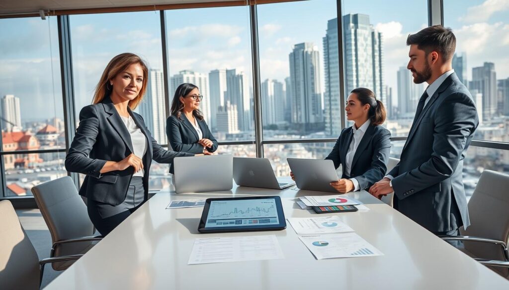 A sophisticated real estate market analysis scene, focusing on a modern office environment filled with a diverse group of professionals dressed in smart business attire. In the foreground, a confident woman points to a digital graph displaying rising property values, while a man reviews charts on a laptop. The middle ground features a sleek conference table with documents and a tablet displaying real estate data. In the background, large windows offer a panoramic view of a thriving urban skyline, showcasing new high-rise buildings. Soft, natural lighting enhances the scene, creating a productive and focused atmosphere. The angle is slightly elevated, providing a comprehensive view of the interactions and the impressive cityscape beyond. A sophisticated real estate market analysis scene, focusing on a modern office environment filled with a diverse group of professionals dressed in smart business attire. In the foreground, a confident woman points to a digital graph displaying rising property values, while a man reviews charts on a laptop. The middle ground features a sleek conference table with documents and a tablet displaying real estate data. In the background, large windows offer a panoramic view of a thriving urban skyline, showcasing new high-rise buildings. Soft, natural lighting enhances the scene, creating a productive and focused atmosphere. The angle is slightly elevated, providing a comprehensive view of the interactions and the impressive cityscape beyond.