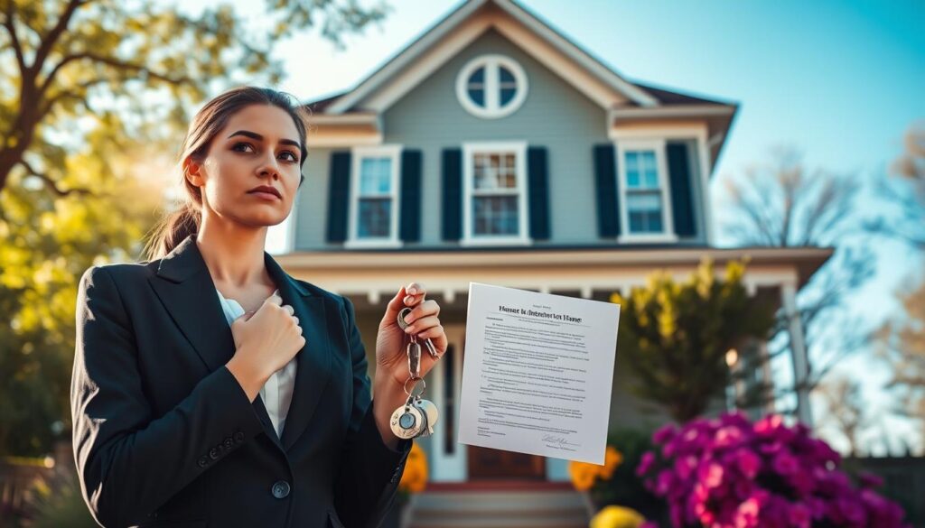 A sophisticated young adult woman in her late twenties, dressed in professional business attire, stands thoughtfully in front of a charming, inherited home showcasing classic architectural features. In the foreground, she is holding a set of house keys and a document representing property ownership. In the middle ground, the well-maintained house features lush greenery and a welcoming front porch, surrounded by blooming flowers that add a sense of warmth and nostalgia. The background reveals a clear blue sky with soft, golden sunlight filtering through the trees, casting gentle shadows. The scene conveys a sense of opportunity and reflection, ideal for discussing the inheritance process. The composition is shot from a slight low angle to emphasize the home’s stature and the woman's thoughtful expression. A sophisticated young adult woman in her late twenties, dressed in professional business attire, stands thoughtfully in front of a charming, inherited home showcasing classic architectural features. In the foreground, she is holding a set of house keys and a document representing property ownership. In the middle ground, the well-maintained house features lush greenery and a welcoming front porch, surrounded by blooming flowers that add a sense of warmth and nostalgia. The background reveals a clear blue sky with soft, golden sunlight filtering through the trees, casting gentle shadows. The scene conveys a sense of opportunity and reflection, ideal for discussing the inheritance process. The composition is shot from a slight low angle to emphasize the home’s stature and the woman's thoughtful expression.