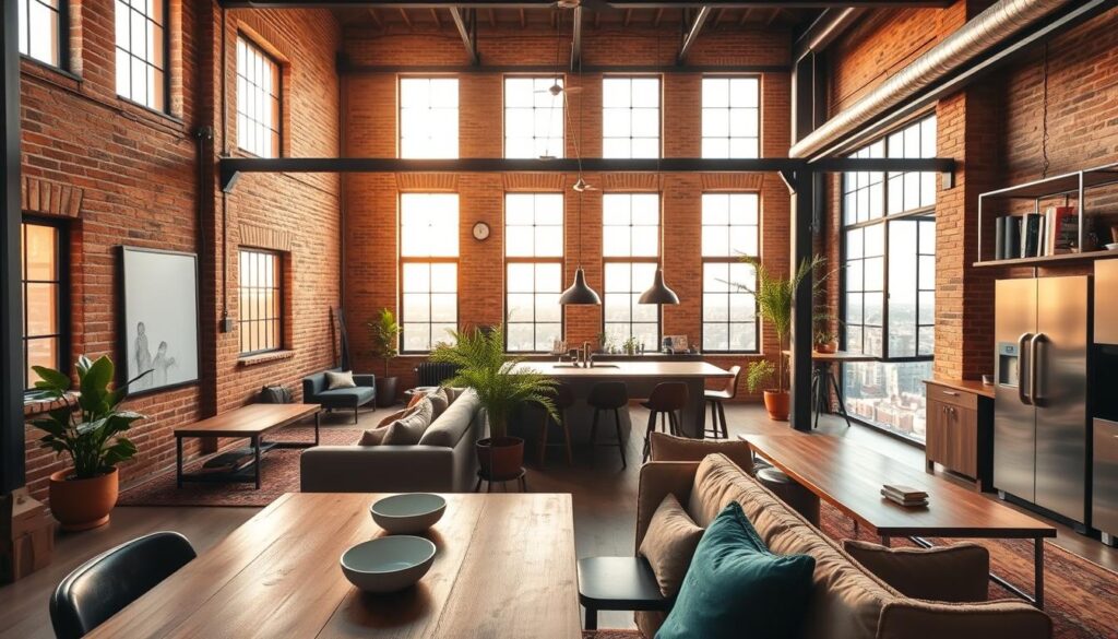 A spacious industrial loft in Maringá, featuring exposed brick walls, large windows letting in warm natural light, and high ceilings adorned with metallic beams. In the foreground, a stylish wooden dining table is set with minimalist decor, while plush seating areas invite relaxation. In the middle ground, a trendy kitchen with stainless steel appliances showcases a blend of rustic and modern design elements. Lush indoor plants add a touch of greenery, enhancing the urban aesthetic. In the background, the city of Maringá can be glimpsed through the expansive windows, capturing the essence of a vibrant urban lifestyle. The lighting is bright and inviting, creating a warm and cozy atmosphere that reflects the creative spirit of a modern loft. A spacious industrial loft in Maringá, featuring exposed brick walls, large windows letting in warm natural light, and high ceilings adorned with metallic beams. In the foreground, a stylish wooden dining table is set with minimalist decor, while plush seating areas invite relaxation. In the middle ground, a trendy kitchen with stainless steel appliances showcases a blend of rustic and modern design elements. Lush indoor plants add a touch of greenery, enhancing the urban aesthetic. In the background, the city of Maringá can be glimpsed through the expansive windows, capturing the essence of a vibrant urban lifestyle. The lighting is bright and inviting, creating a warm and cozy atmosphere that reflects the creative spirit of a modern loft.