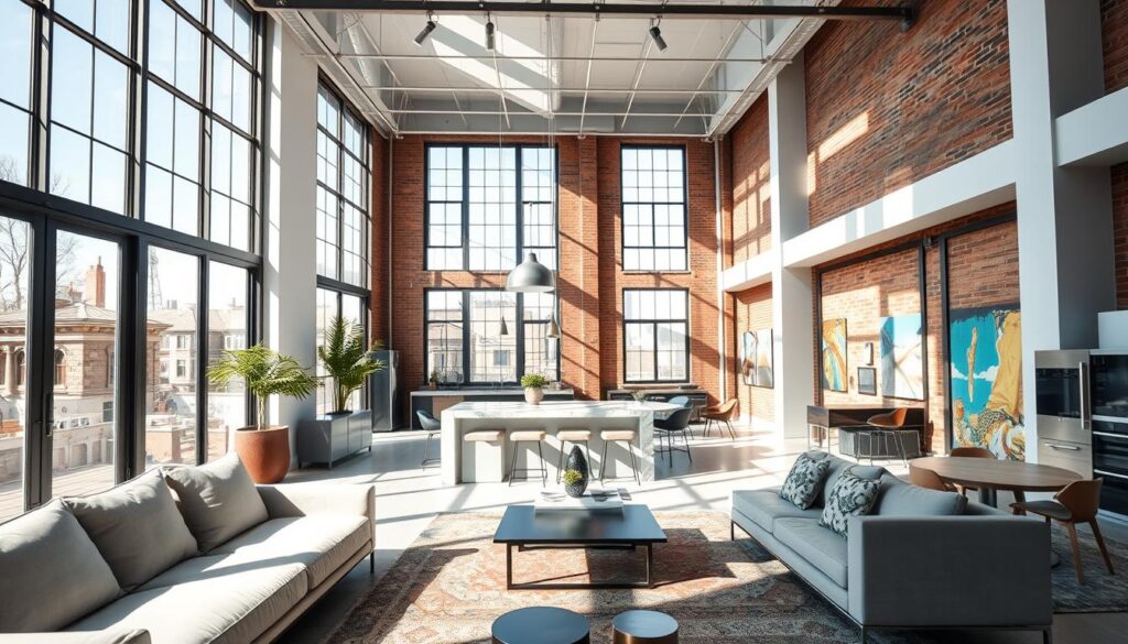 A spacious, modern loft interior featuring high ceilings and large windows that flood the space with natural light. The foreground includes stylish, minimalist furniture like a sleek couch and an elegant coffee table. In the middle ground, a stylish kitchen area with a marble countertop and stainless steel appliances is visible, showcasing an open layout typical of lofts. The background reveals an artistic loft-style workspace with exposed brick walls and vibrant art pieces. The lighting is bright and inviting, casting soft shadows that create a warm atmosphere. The overall mood is contemporary and welcoming, reflecting a blend of comfort and sophistication, ideal for showcasing the essence of loft living. A spacious, modern loft interior featuring high ceilings and large windows that flood the space with natural light. The foreground includes stylish, minimalist furniture like a sleek couch and an elegant coffee table. In the middle ground, a stylish kitchen area with a marble countertop and stainless steel appliances is visible, showcasing an open layout typical of lofts. The background reveals an artistic loft-style workspace with exposed brick walls and vibrant art pieces. The lighting is bright and inviting, casting soft shadows that create a warm atmosphere. The overall mood is contemporary and welcoming, reflecting a blend of comfort and sophistication, ideal for showcasing the essence of loft living.