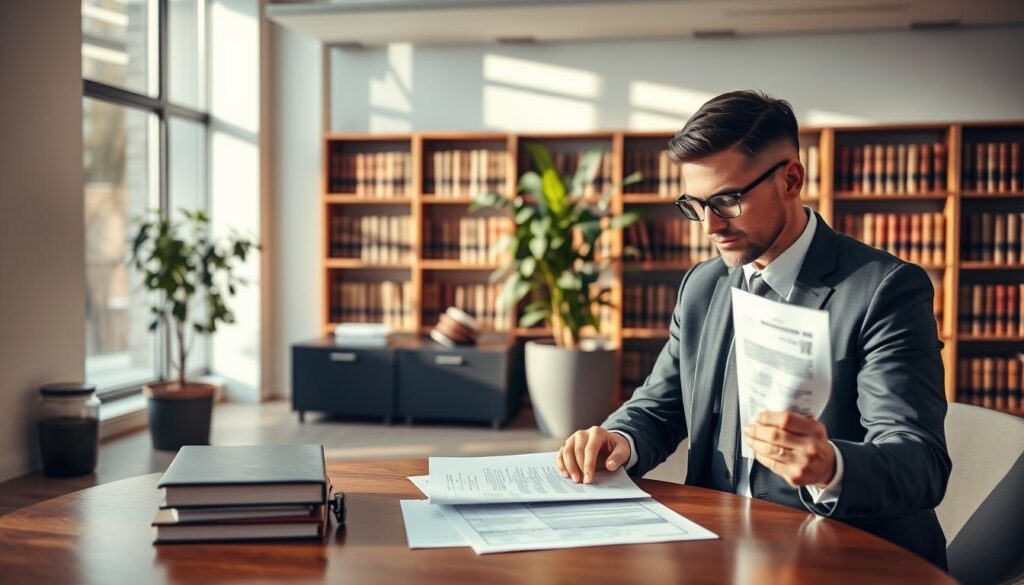 A spacious, modern office interior with a focus on a well-organized desk displaying important property registration documents. In the foreground, a professional individual dressed in business attire is studying the documents intently with a thoughtful expression. The middle ground features a large bookshelf filled with legal books and a potted plant, creating an inviting atmosphere. In the background, a large window allows natural light to flood the room, casting soft shadows. The overall mood is serious yet reassuring, emphasizing the importance of understanding property ownership. The lighting is warm and balanced, highlighting the textures of the wooden desk and the papers. The scene conveys a sense of trust and professionalism, ideal for illustrating the concept of property registration. A spacious, modern office interior with a focus on a well-organized desk displaying important property registration documents. In the foreground, a professional individual dressed in business attire is studying the documents intently with a thoughtful expression. The middle ground features a large bookshelf filled with legal books and a potted plant, creating an inviting atmosphere. In the background, a large window allows natural light to flood the room, casting soft shadows. The overall mood is serious yet reassuring, emphasizing the importance of understanding property ownership. The lighting is warm and balanced, highlighting the textures of the wooden desk and the papers. The scene conveys a sense of trust and professionalism, ideal for illustrating the concept of property registration.