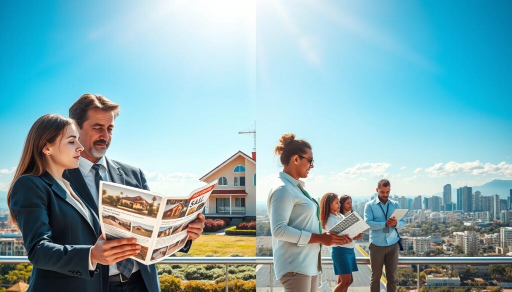 A split scene depicting two contrasting options for real estate acquisition in a Brazilian city. In the foreground, a professional couple in business attire examines a detailed property brochure, showcasing appealing images of homes and real estate listings, their expressions thoughtful. The middle ground features a split view: on one side, a cozy home with a "For Sale" sign, representing traditional financing; on the other, a group of diverse individuals discussing in an office setting about a consórcio, surrounded by charts and calculators. The background includes a vibrant city skyline under a clear blue sky, with sunlight illuminating the scene. The mood is optimistic and informative, inviting viewers to explore their options. A split scene depicting two contrasting options for real estate acquisition in a Brazilian city. In the foreground, a professional couple in business attire examines a detailed property brochure, showcasing appealing images of homes and real estate listings, their expressions thoughtful. The middle ground features a split view: on one side, a cozy home with a "For Sale" sign, representing traditional financing; on the other, a group of diverse individuals discussing in an office setting about a consórcio, surrounded by charts and calculators. The background includes a vibrant city skyline under a clear blue sky, with sunlight illuminating the scene. The mood is optimistic and informative, inviting viewers to explore their options.