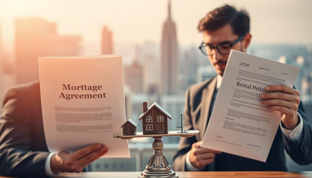 A split scene illustrating the concept of funding versus renting, focusing on financial decision-making. In the foreground, a professional business person in formal attire examines two contrasting documents: one labeled 'Mortgage Agreement' and the other 'Rental Lease.' The middle of the image features a small scale balanced with a house on one side and a rental apartment icon on the other, symbolizing the choices. The background should depict a city skyline, showcasing urban living. Soft, natural lighting casts a warm glow, creating an inviting atmosphere. Use a slightly elevated angle to capture both the foreground and background effectively, emphasizing the weight of financial responsibility and opportunity cost involved in these choices. A calm, contemplative mood pervades the image. A split scene illustrating the concept of funding versus renting, focusing on financial decision-making. In the foreground, a professional business person in formal attire examines two contrasting documents: one labeled 'Mortgage Agreement' and the other 'Rental Lease.' The middle of the image features a small scale balanced with a house on one side and a rental apartment icon on the other, symbolizing the choices. The background should depict a city skyline, showcasing urban living. Soft, natural lighting casts a warm glow, creating an inviting atmosphere. Use a slightly elevated angle to capture both the foreground and background effectively, emphasizing the weight of financial responsibility and opportunity cost involved in these choices. A calm, contemplative mood pervades the image.