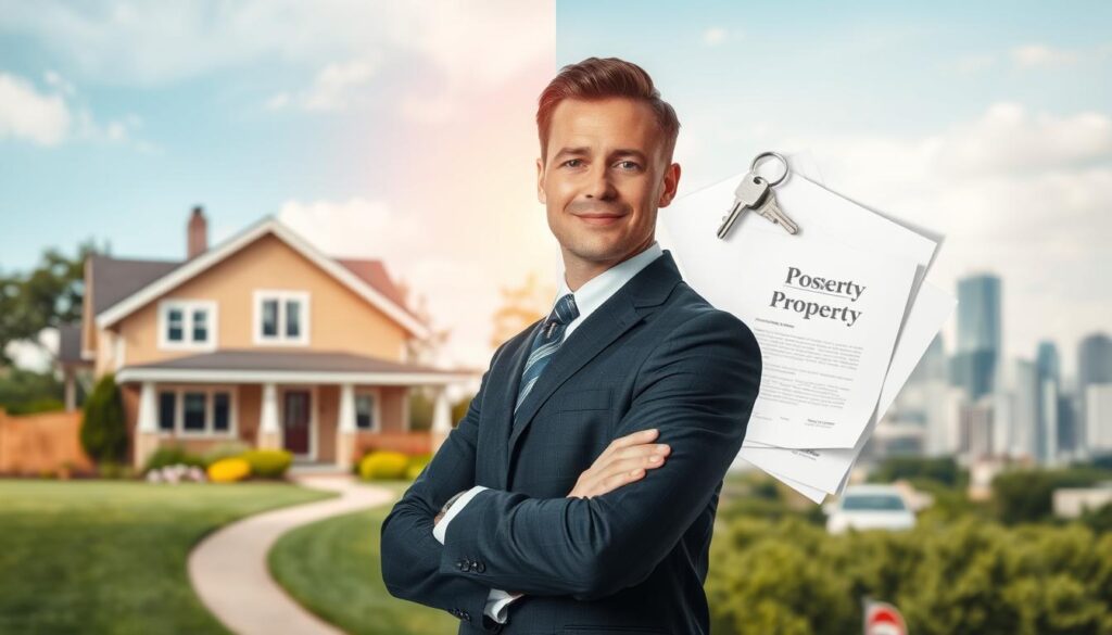 A split scene illustrating the concepts of "possession" and "property" in real estate. In the foreground, an individual in professional business attire stands confidently, holding a set of keys in one hand, symbolizing possession. On the left side, a cozy, well-maintained house represents personal possession, surrounded by lush greenery and a clear sky. The right side features a more abstract representation of property, with legal documents, property deeds, and a city skyline in the background, emphasizing ownership. Soft, natural lighting enhances the welcoming atmosphere, while a shallow depth of field focuses on the individual, creating an engaging yet professional mood. A split scene illustrating the concepts of "possession" and "property" in real estate. In the foreground, an individual in professional business attire stands confidently, holding a set of keys in one hand, symbolizing possession. On the left side, a cozy, well-maintained house represents personal possession, surrounded by lush greenery and a clear sky. The right side features a more abstract representation of property, with legal documents, property deeds, and a city skyline in the background, emphasizing ownership. Soft, natural lighting enhances the welcoming atmosphere, while a shallow depth of field focuses on the individual, creating an engaging yet professional mood.