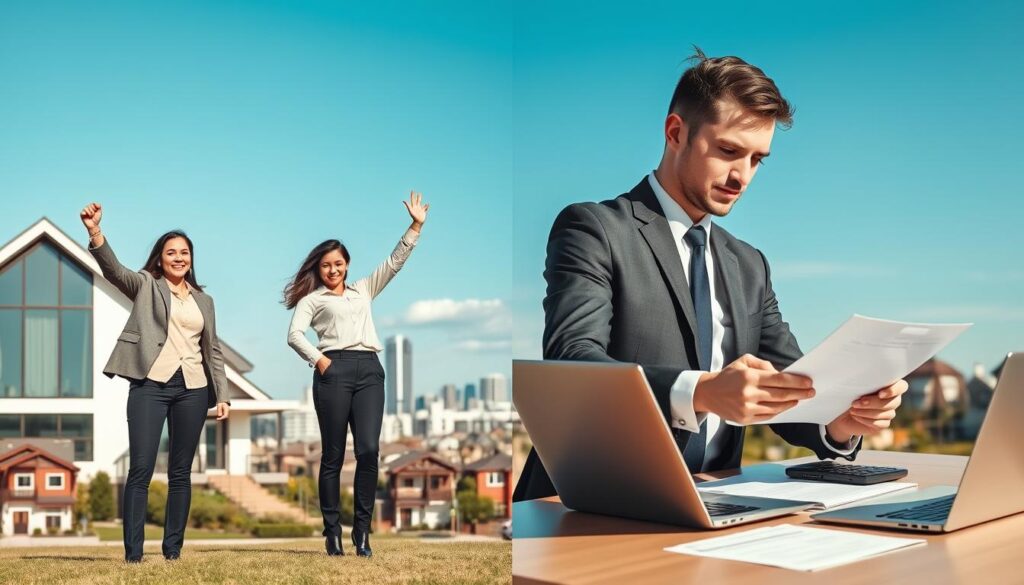A split scene illustrating the contrasting methods of purchasing real estate: on one side, a couple standing proudly in front of a modern home, holding keys, looking joyful and relieved, dressed in professional business attire. On the other side, a young professional analyzing financial documents at a desk, with a calculator and a laptop open, radiating determination and focus. In the background, a city skyline with various types of homes, from apartments to single-family houses, under a clear blue sky. Warm, natural lighting highlights both scenes, creating a sense of positivity and aspiration. The composition is balanced, emphasizing the emotional and financial aspects of buying property, showcasing 'cash purchase' versus 'financed purchase' through symbolic elements. A split scene illustrating the contrasting methods of purchasing real estate: on one side, a couple standing proudly in front of a modern home, holding keys, looking joyful and relieved, dressed in professional business attire. On the other side, a young professional analyzing financial documents at a desk, with a calculator and a laptop open, radiating determination and focus. In the background, a city skyline with various types of homes, from apartments to single-family houses, under a clear blue sky. Warm, natural lighting highlights both scenes, creating a sense of positivity and aspiration. The composition is balanced, emphasizing the emotional and financial aspects of buying property, showcasing 'cash purchase' versus 'financed purchase' through symbolic elements.