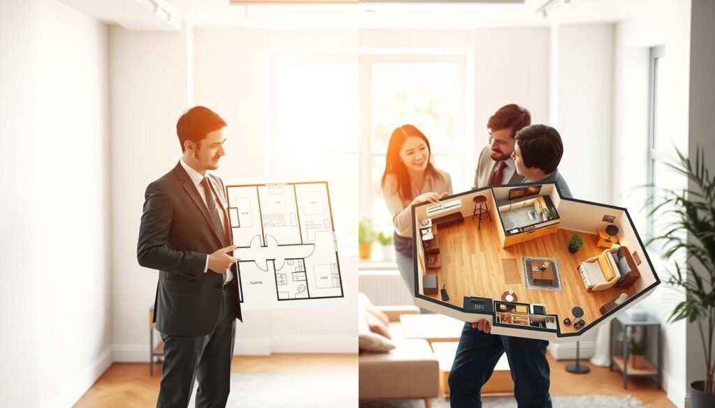 A split-screen image showcasing the difference between a floor plan and a humanized version of the same property layout. In the foreground, on the left, a simple, technical floor plan in monochrome, with clear lines and annotations. On the right, a vibrant humanized representation features a 3D view of the same layout, showing a welcoming living space with furniture, decorations, and a warm color palette. Two professional individuals, one in business attire and another in smart casual clothing, study the humanized plan, emphasizing its livability. In the background, a softly lit modern office setting with an open window invites natural light, creating an engaging and informative atmosphere. A split-screen image showcasing the difference between a floor plan and a humanized version of the same property layout. In the foreground, on the left, a simple, technical floor plan in monochrome, with clear lines and annotations. On the right, a vibrant humanized representation features a 3D view of the same layout, showing a welcoming living space with furniture, decorations, and a warm color palette. Two professional individuals, one in business attire and another in smart casual clothing, study the humanized plan, emphasizing its livability. In the background, a softly lit modern office setting with an open window invites natural light, creating an engaging and informative atmosphere.