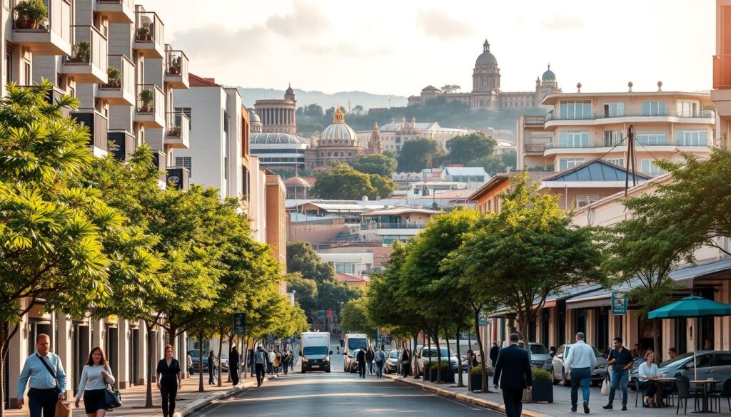 A strategic urban scene depicting Zona 07 in Maringá, Brazil, showcasing its key locations and infrastructure. In the foreground, a bustling street with modern apartments featuring balconies, lush green trees lining the sidewalks, and pedestrians in professional attire engaging in daily activities. The middle ground reveals iconic buildings, cafes, and shops, with people enjoying outdoor seating, indicative of a vibrant, community-friendly atmosphere. In the background, the city's skyline adorned with historical architecture, hinting at its rich past. The lighting is warm and inviting, simulating late afternoon sun, with a slight lens flare for a dynamic feel. The overall mood is lively and prosperous, perfect for investors to visualize potential opportunities in this strategic neighborhood. A strategic urban scene depicting Zona 07 in Maringá, Brazil, showcasing its key locations and infrastructure. In the foreground, a bustling street with modern apartments featuring balconies, lush green trees lining the sidewalks, and pedestrians in professional attire engaging in daily activities. The middle ground reveals iconic buildings, cafes, and shops, with people enjoying outdoor seating, indicative of a vibrant, community-friendly atmosphere. In the background, the city's skyline adorned with historical architecture, hinting at its rich past. The lighting is warm and inviting, simulating late afternoon sun, with a slight lens flare for a dynamic feel. The overall mood is lively and prosperous, perfect for investors to visualize potential opportunities in this strategic neighborhood.