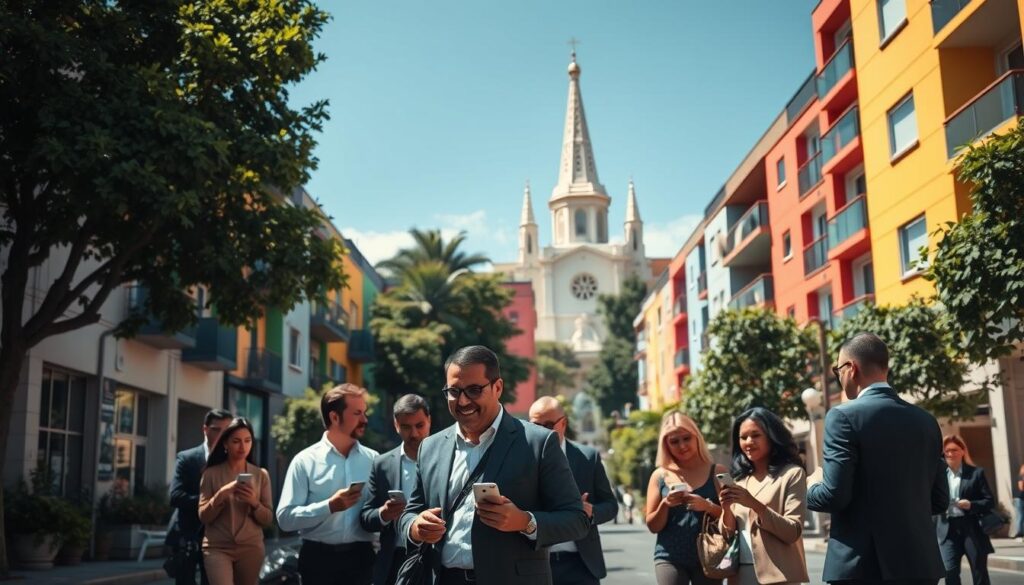 A street view of Maringá, Brazil, focusing on Rua Diretrizes, showcasing a bustling, lively atmosphere ideal for apartment hunting. In the foreground, a diverse group of people (in professional business attire) are engaged in conversation while looking at their mobile devices, comparing listings. The middle ground features colorful apartment buildings with modern architecture and well-maintained greenery. In the background, the iconic Maringá Cathedral rises majestically against a bright blue sky. Soft sunlight bathes the scene, creating a warm and welcoming ambiance. The perspective captures the street's vibrancy, inviting a sense of community and the excitement of finding the perfect rental opportunity. The image should be bright and clear, with a slight depth of field to emphasize the foreground interaction. A street view of Maringá, Brazil, focusing on Rua Diretrizes, showcasing a bustling, lively atmosphere ideal for apartment hunting. In the foreground, a diverse group of people (in professional business attire) are engaged in conversation while looking at their mobile devices, comparing listings. The middle ground features colorful apartment buildings with modern architecture and well-maintained greenery. In the background, the iconic Maringá Cathedral rises majestically against a bright blue sky. Soft sunlight bathes the scene, creating a warm and welcoming ambiance. The perspective captures the street's vibrancy, inviting a sense of community and the excitement of finding the perfect rental opportunity. The image should be bright and clear, with a slight depth of field to emphasize the foreground interaction.