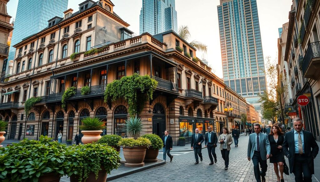 A stunning historic building in the heart of a bustling city center, showcasing its grand architecture with intricate details. In the foreground, vibrant green plants spill from large pots on the balcony, contrasting beautifully against the weathered facade of the structure. The middle ground features a well-maintained cobblestone street with pedestrians in professional attire, strolling leisurely, some glancing toward the building, intrigued. In the background, tall, modern skyscrapers loom, highlighting the juxtaposition of old and new. The scene is captured during the golden hour, where warm sunlight casts long shadows and bathes the building in a soft, inviting glow. The atmosphere feels nostalgic yet vibrant, emphasizing the charm of historic architecture attracting curious buyers. A stunning historic building in the heart of a bustling city center, showcasing its grand architecture with intricate details. In the foreground, vibrant green plants spill from large pots on the balcony, contrasting beautifully against the weathered facade of the structure. The middle ground features a well-maintained cobblestone street with pedestrians in professional attire, strolling leisurely, some glancing toward the building, intrigued. In the background, tall, modern skyscrapers loom, highlighting the juxtaposition of old and new. The scene is captured during the golden hour, where warm sunlight casts long shadows and bathes the building in a soft, inviting glow. The atmosphere feels nostalgic yet vibrant, emphasizing the charm of historic architecture attracting curious buyers.