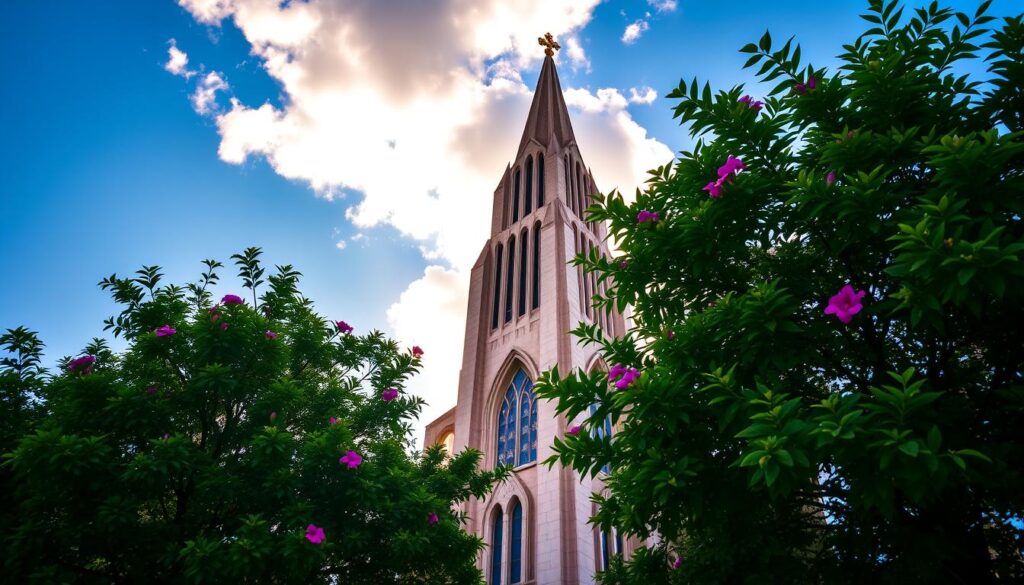 A stunning view of the Catedral de Maringá, showcasing its striking modernist architecture. In the foreground, vibrant green trees frame the cathedral, with blooming flowers adding color. The middle ground features the iconic tower, reaching skyward with its unique design and stained glass windows reflecting sunlight. In the background, a clear blue sky enhances the beauty of the scene, with soft, fluffy clouds drifting by. The composition is captured at golden hour, casting warm light on the building, emphasizing its grandeur. The image evokes a serene and inspirational atmosphere, inviting viewers to appreciate this symbol of the city. No people are present in the scene, maintaining focus on the architecture. A stunning view of the Catedral de Maringá, showcasing its striking modernist architecture. In the foreground, vibrant green trees frame the cathedral, with blooming flowers adding color. The middle ground features the iconic tower, reaching skyward with its unique design and stained glass windows reflecting sunlight. In the background, a clear blue sky enhances the beauty of the scene, with soft, fluffy clouds drifting by. The composition is captured at golden hour, casting warm light on the building, emphasizing its grandeur. The image evokes a serene and inspirational atmosphere, inviting viewers to appreciate this symbol of the city. No people are present in the scene, maintaining focus on the architecture.