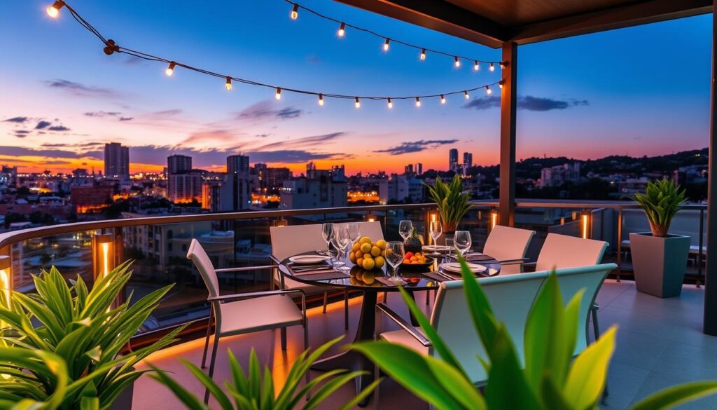 A stylish gourmet balcony, beautifully furnished with a modern outdoor dining set featuring sleek chairs and a polished table, adorned with fresh fruits and elegant glassware. In the foreground, vibrant green potted plants add a touch of nature. The middle ground showcases warm evening lighting, with ambient fairy lights strung overhead, casting a soft glow. In the background, a dynamic urban skyline of Maringá, with contemporary buildings and a sunset sky painted in shades of orange and purple. The scene invites a cozy, inviting atmosphere for social gatherings or family dinners. Capture this moment with a wide-angle view to emphasize the spaciousness of the balcony, ensuring a sense of tranquility and luxury. A stylish gourmet balcony, beautifully furnished with a modern outdoor dining set featuring sleek chairs and a polished table, adorned with fresh fruits and elegant glassware. In the foreground, vibrant green potted plants add a touch of nature. The middle ground showcases warm evening lighting, with ambient fairy lights strung overhead, casting a soft glow. In the background, a dynamic urban skyline of Maringá, with contemporary buildings and a sunset sky painted in shades of orange and purple. The scene invites a cozy, inviting atmosphere for social gatherings or family dinners. Capture this moment with a wide-angle view to emphasize the spaciousness of the balcony, ensuring a sense of tranquility and luxury.